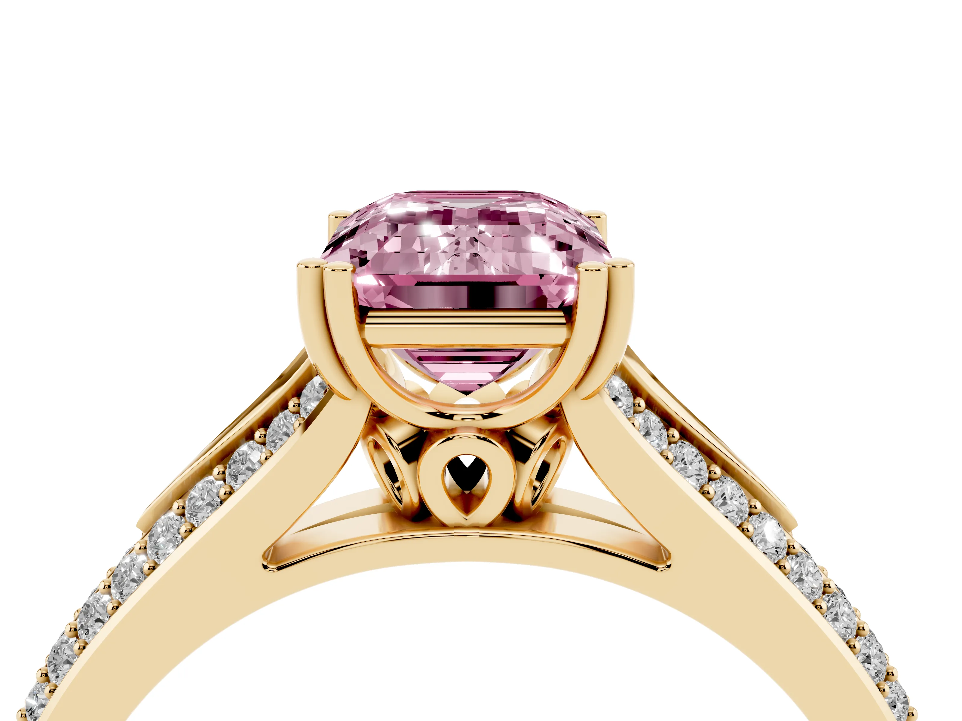 Fancy Pink Emerald Cut Diamond Split Shank Pavé Engagement Ring Set in Yellow gold with Prong-Set Center Stone