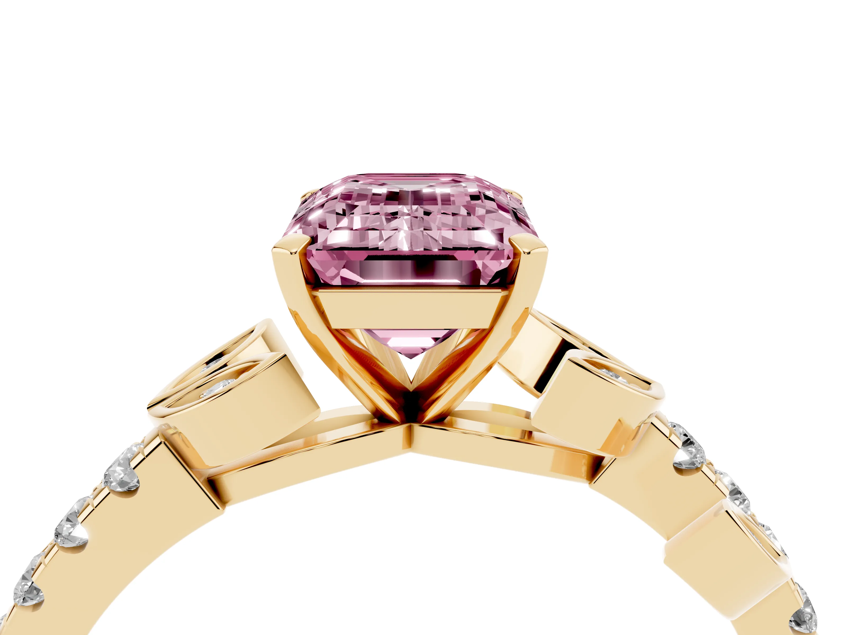 Fancy Pink Emerald Cut Diamond Solitaire Leaf-Inspired Ring Set in Yellow gold with Pavé Band and Prong Setting