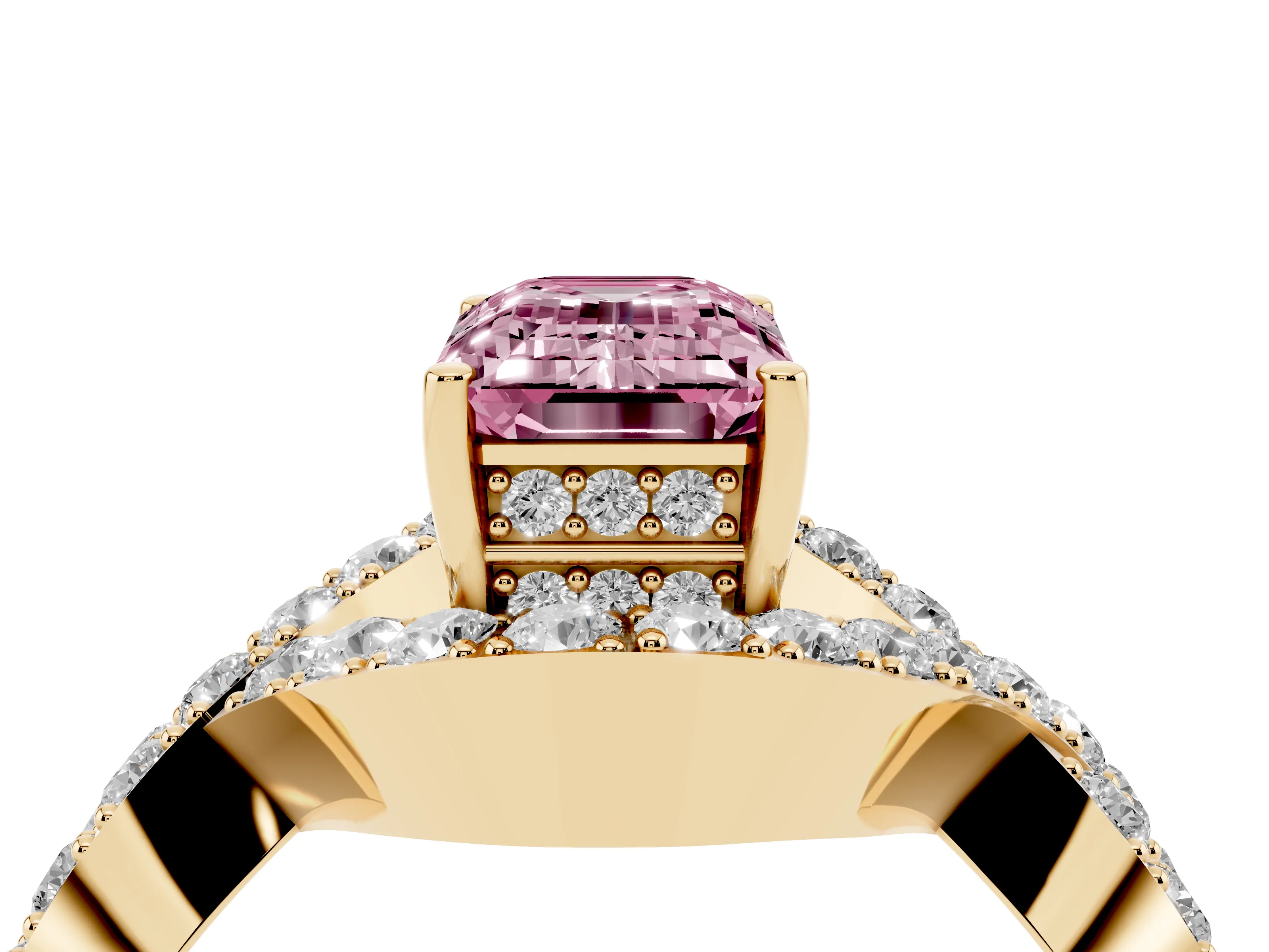Fancy Pink Emerald Cut Diamond Solitaire Twist Band Pavé Engagement Ring Set in Yellow gold