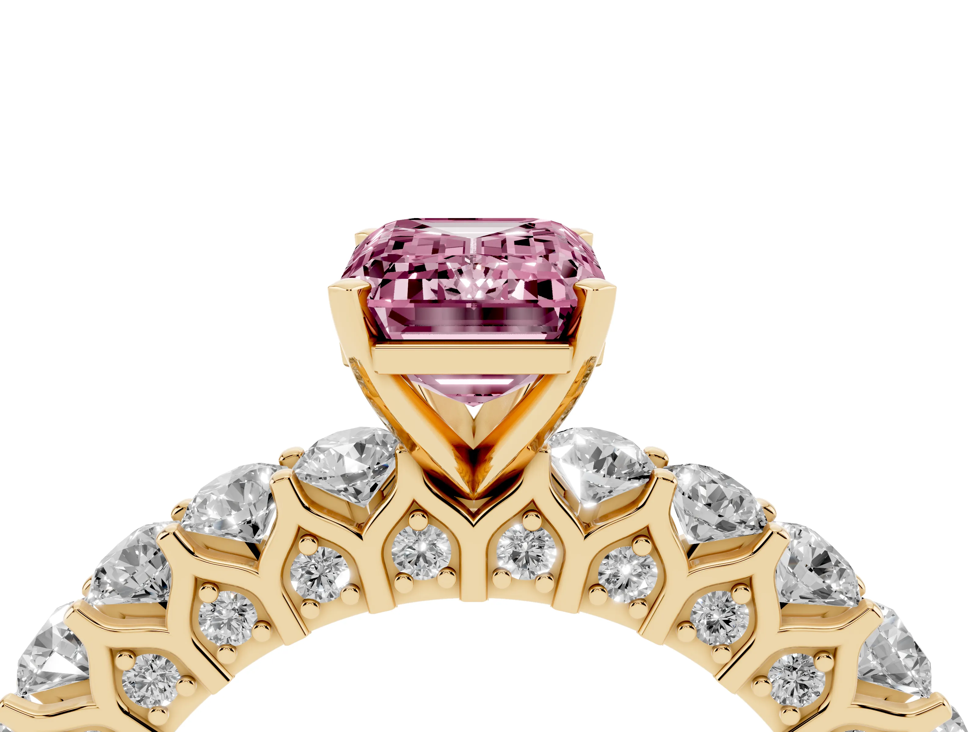 Fancy Pink Emerald Cut Diamond Solitaire Ring Set in Yellow gold with Shared Prong Pavé Band