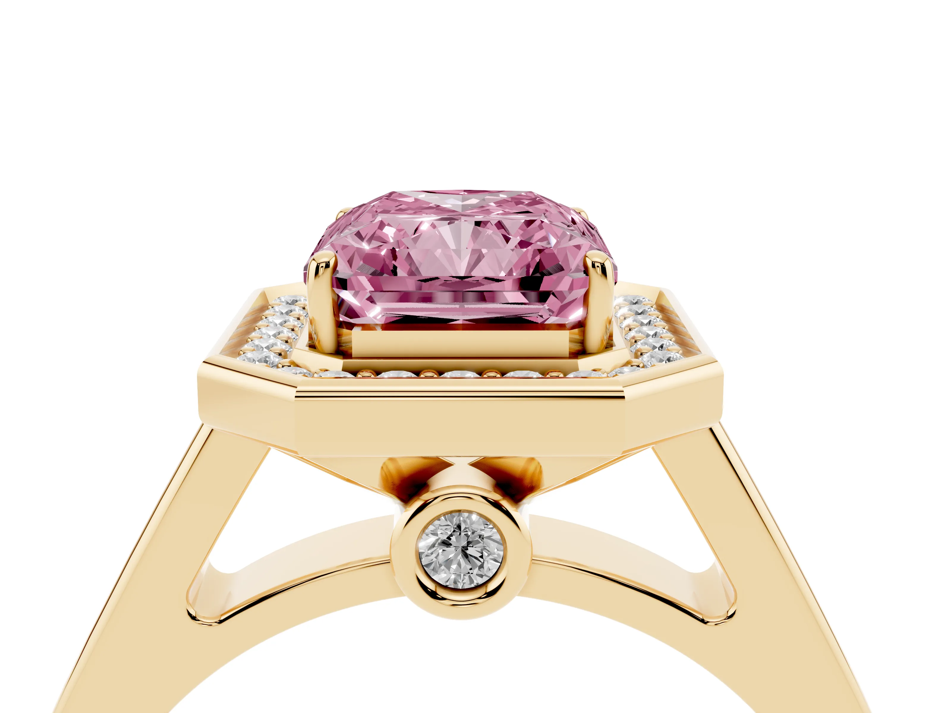 Fancy Pink Emerald Cut Diamond Halo Solitaire Ring Set in Yellow gold with Pavé Band and Bezel Setting