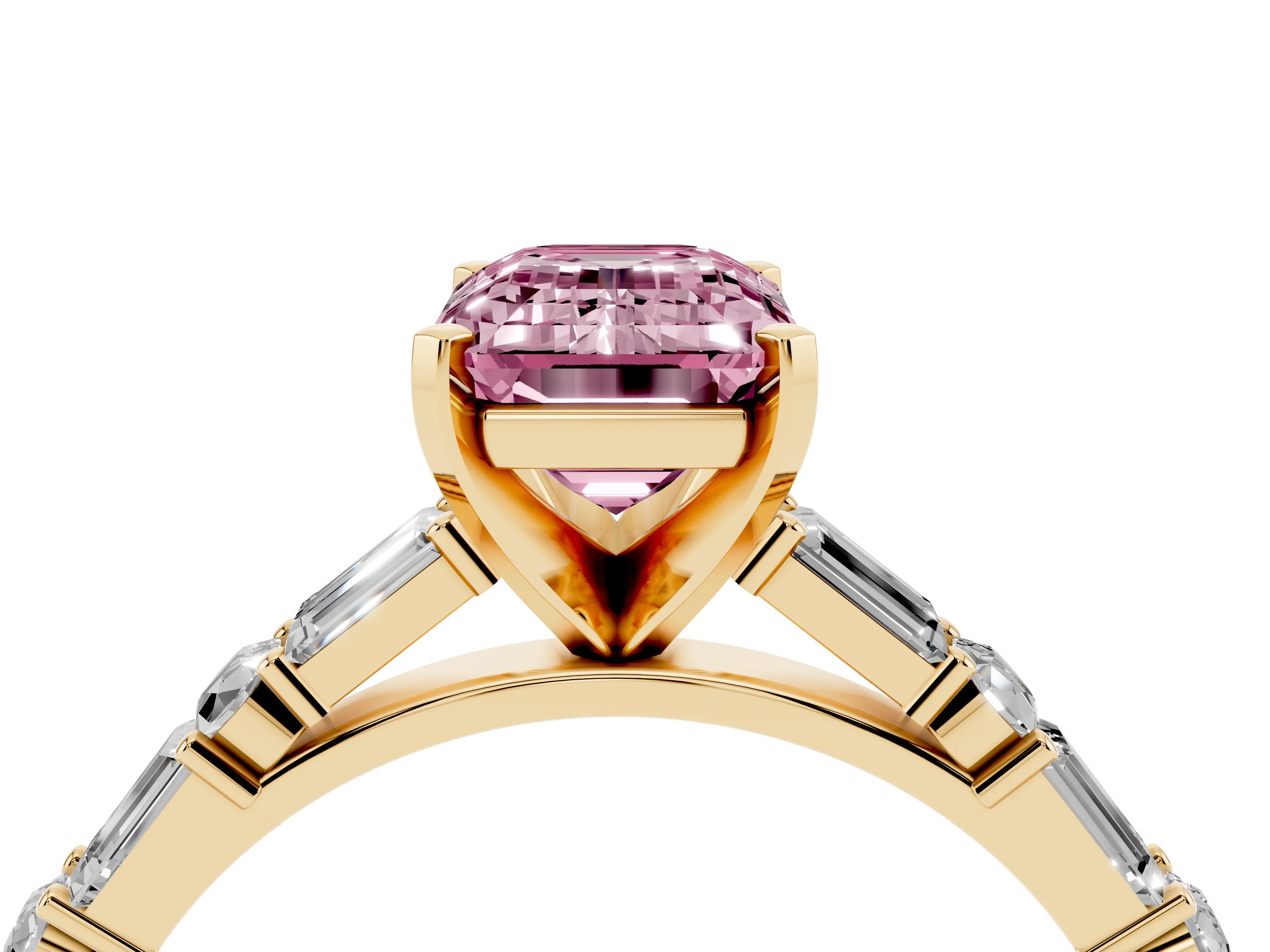 Fancy Pink Emerald Cut Diamond Solitaire Set in Yellow gold with Side Baguettes and Channel Set Band