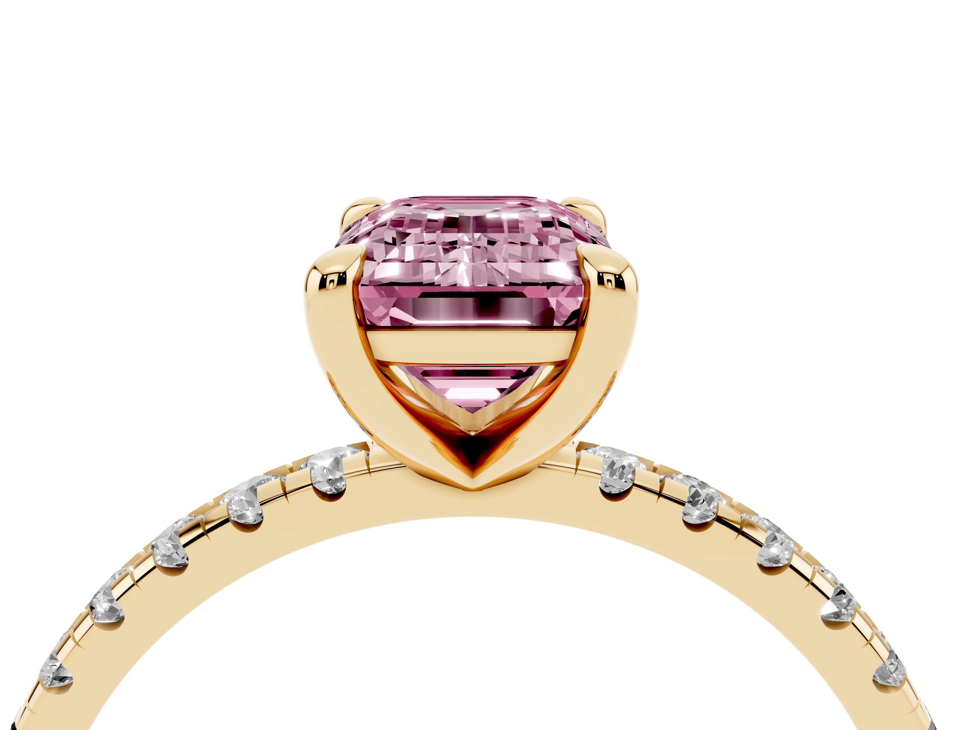 Fancy Pink Emerald Cut Diamond Brilliant Solitaire Ring Set in Yellow gold with Pavé Band and Prong Setting