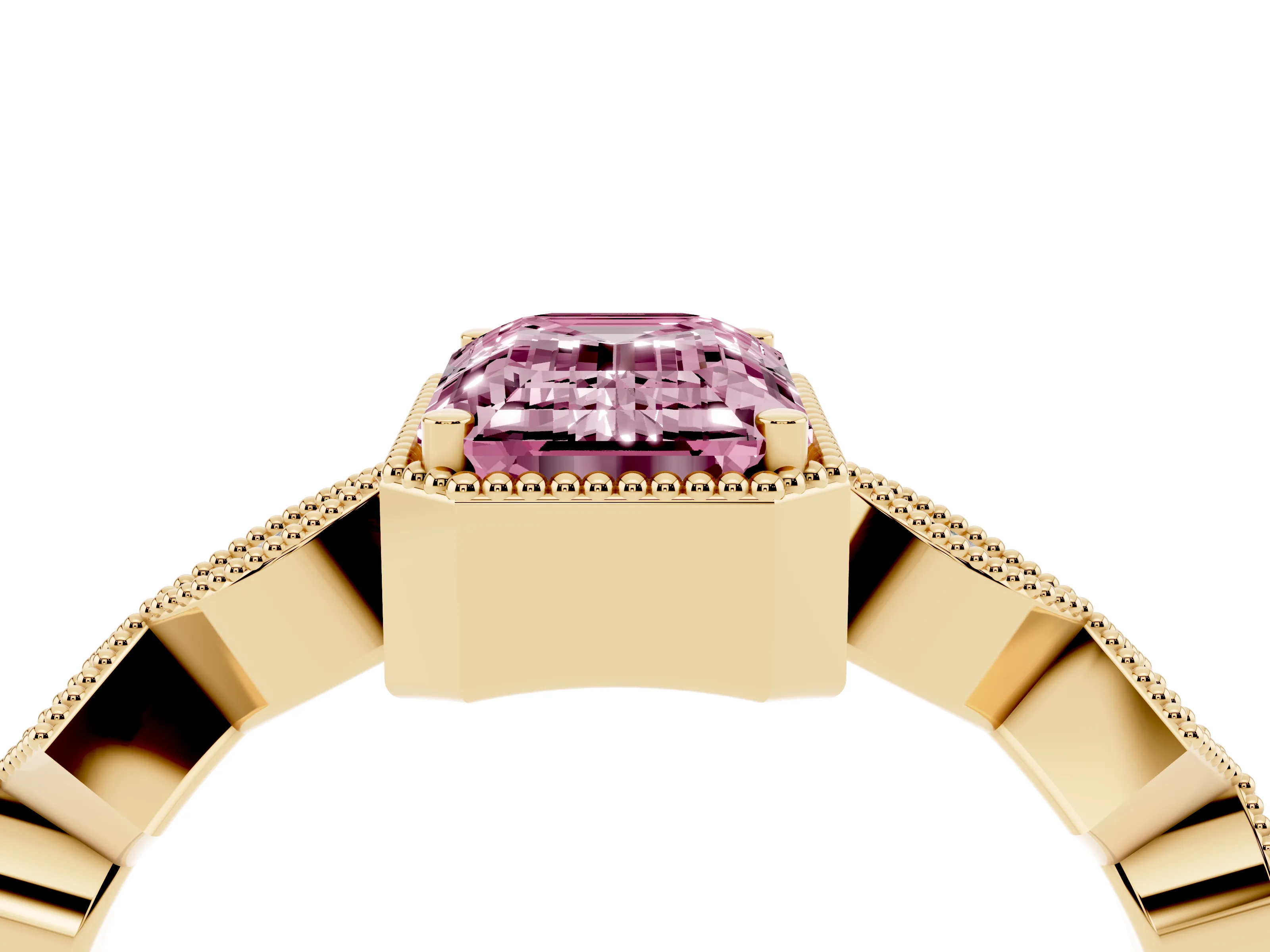 Fancy Pink Emerald Cut Diamond Milgrain Marquise Twist Band Ring Set in Yellow gold with Prong Setting