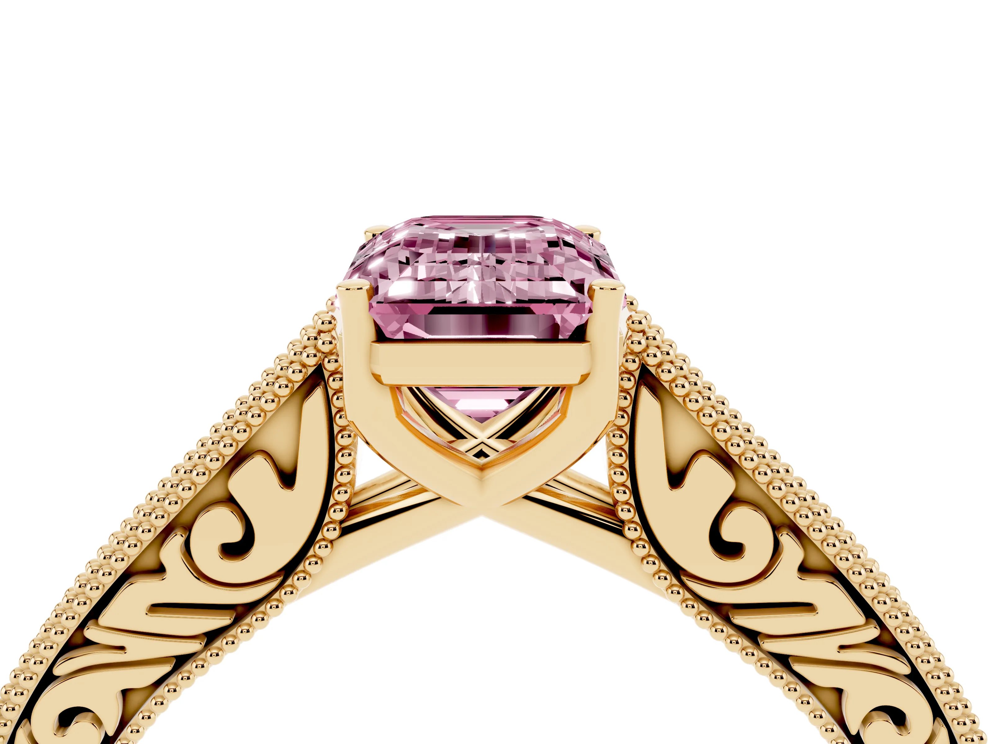 Fancy Pink Emerald Cut Diamond Milgrain Pavé Band Solitaire Ring Set in Yellow gold with Prong Setting