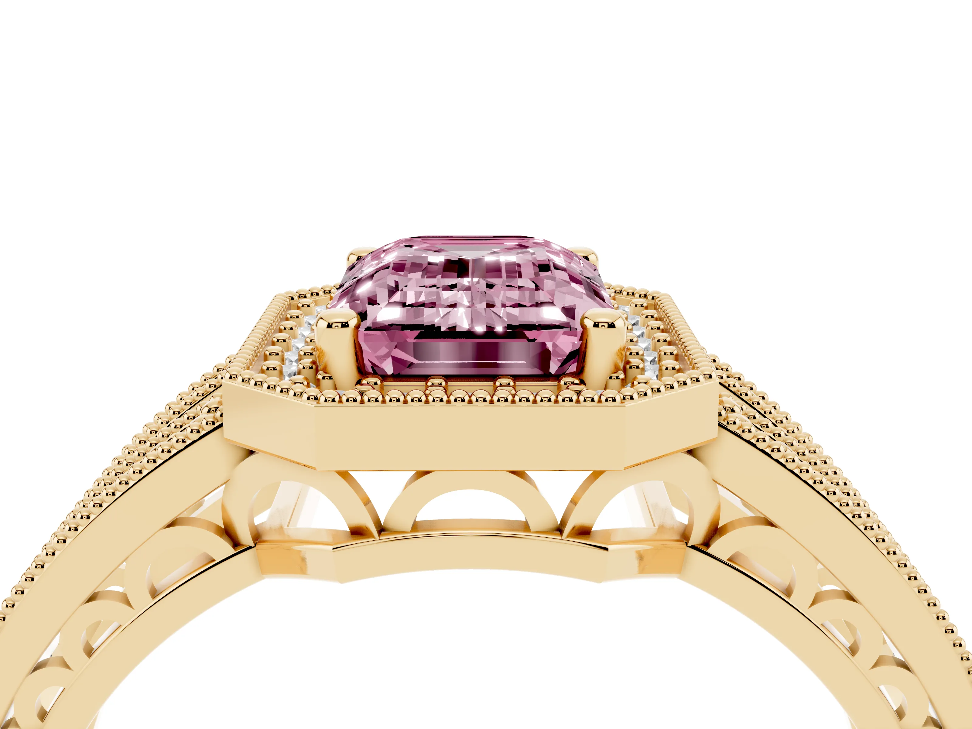 Fancy Pink Emerald Cut Diamond Halo Ring Set in Yellow gold with Accent Split Shank and Prong Setting