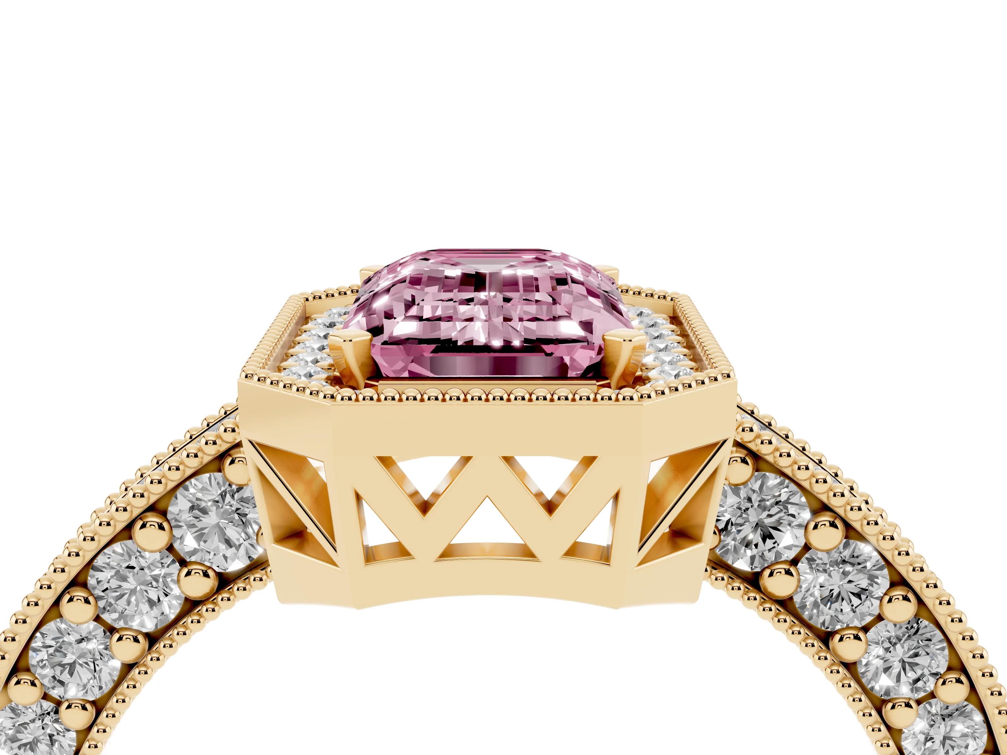 Fancy Pink Emerald Cut Diamond Halo Pavé Band Ring Set in Yellow gold with Prong-Set Center