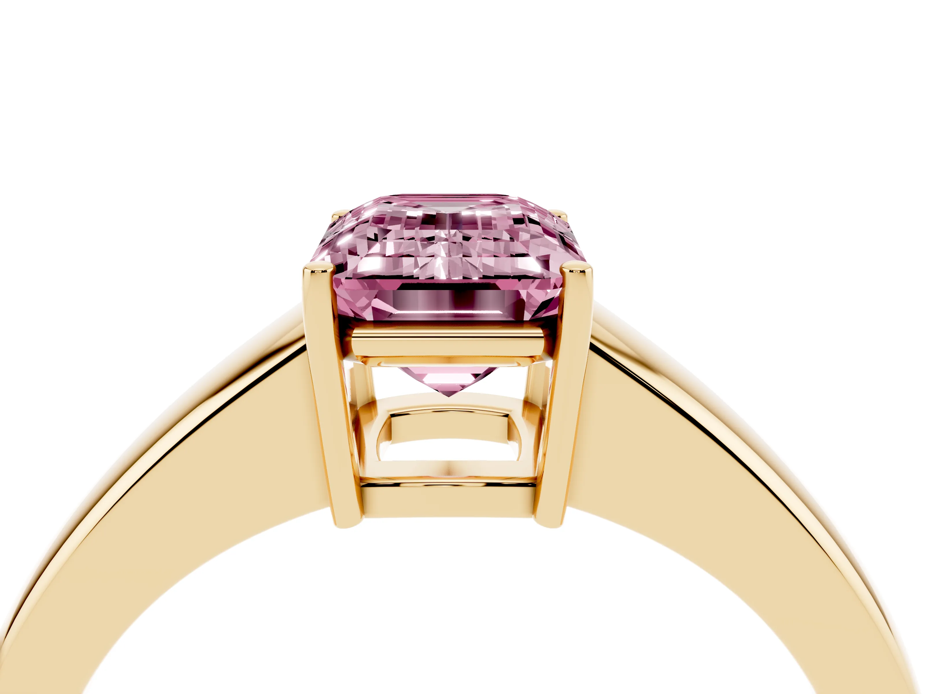Fancy Pink Emerald Cut Diamond Solitaire Ring Set in Yellow gold with Tapered Band and Prong Setting