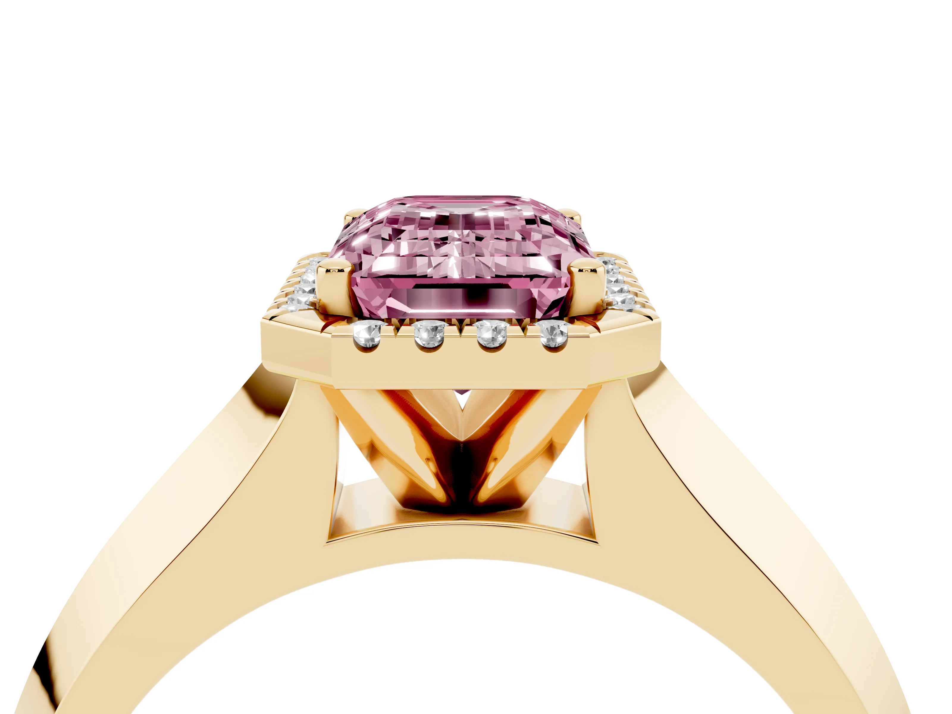 Fancy Pink Emerald Cut Diamond Halo Ring Set in Yellow gold with Cathedral Band and Prong Setting