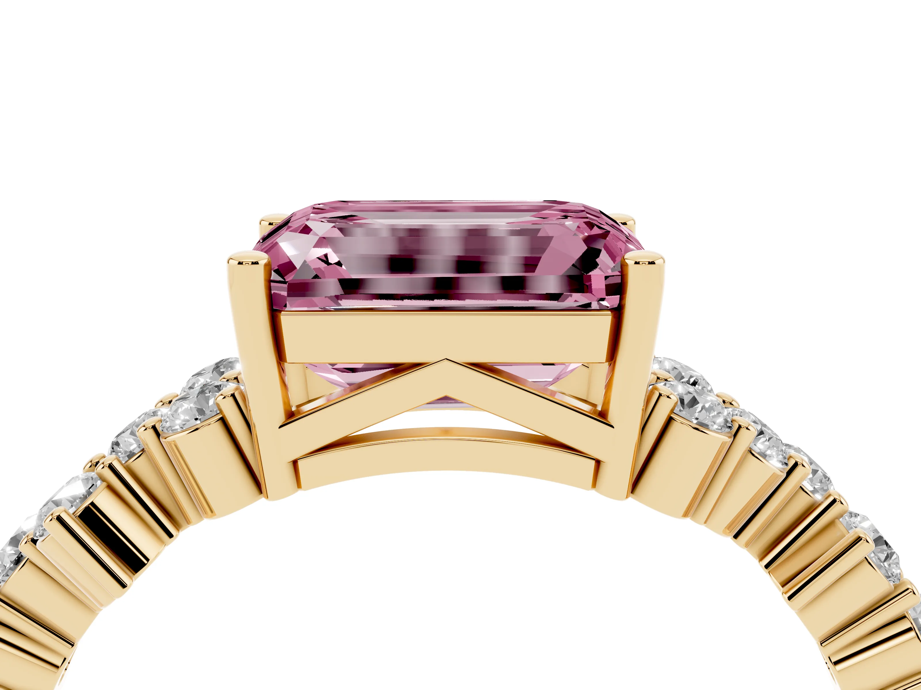 Fancy Pink Emerald Cut Diamond Ring Set in Yellow gold with Scattered Round Accents