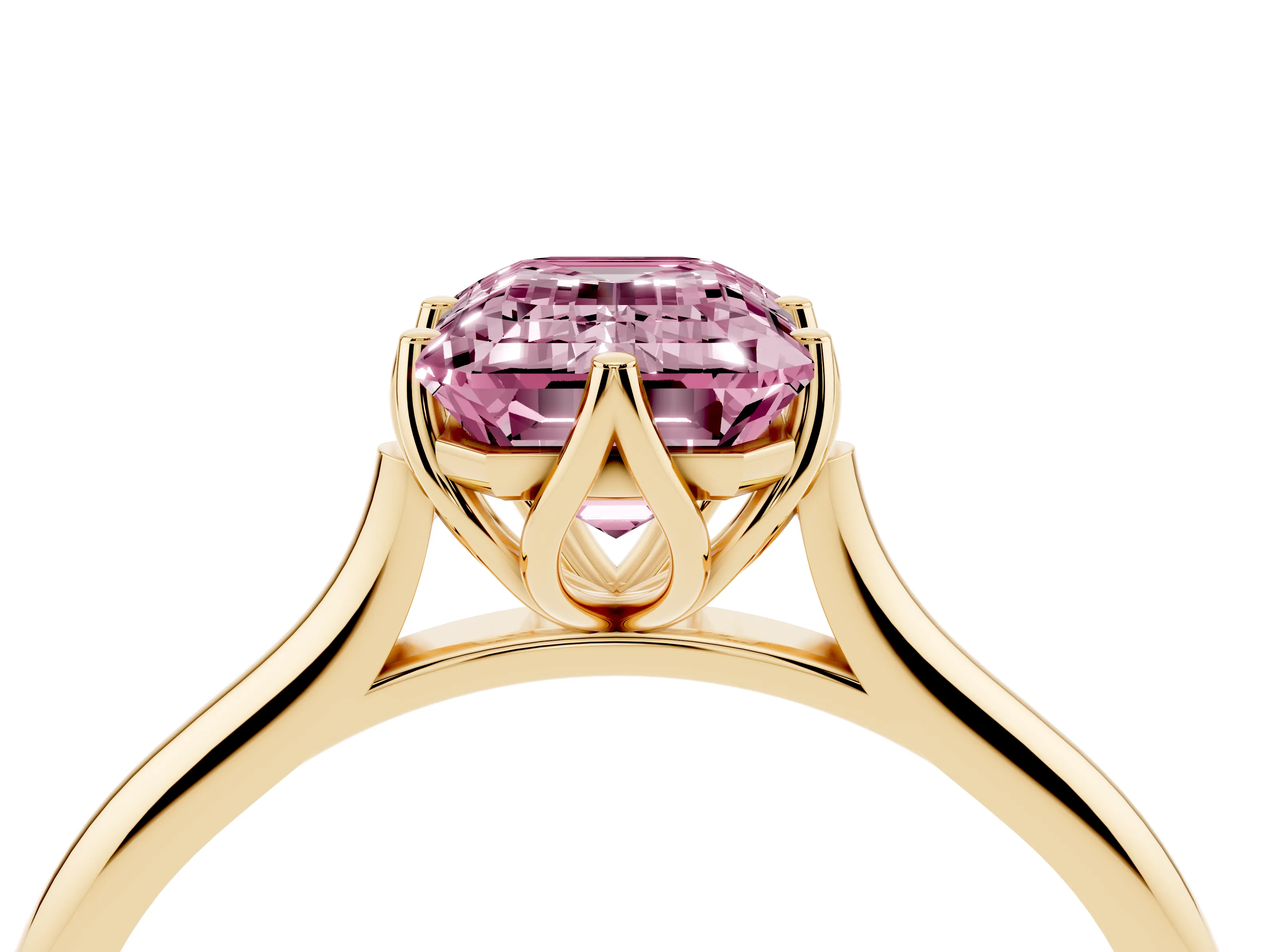 Fancy Pink Emerald Cut Diamond Solitaire Cathedral Ring Set in Yellow gold with Prong Setting