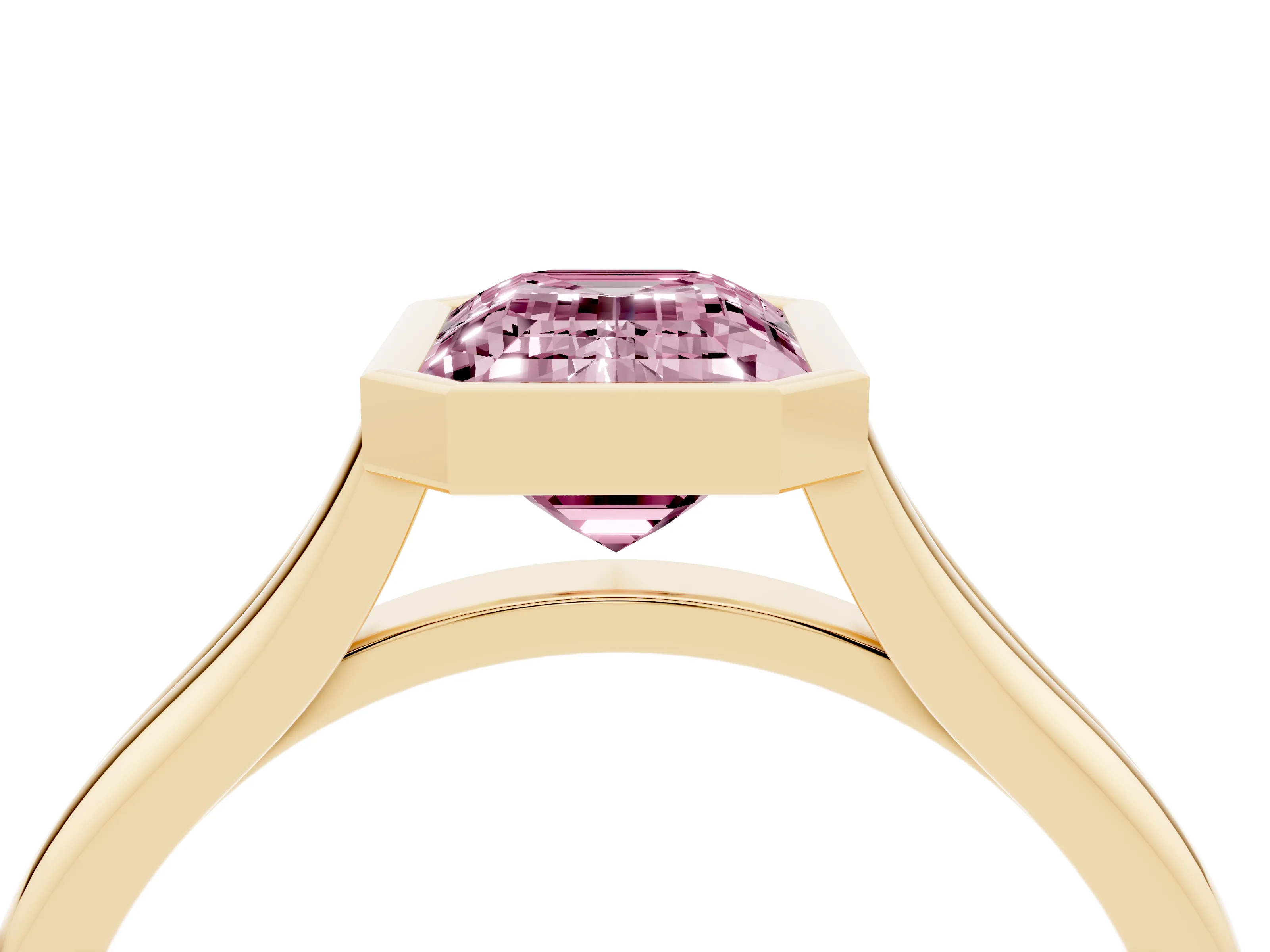 Fancy Pink Bezel Set Emerald Cut Diamond Solitaire Ring Set in Yellow gold with Tapered Band