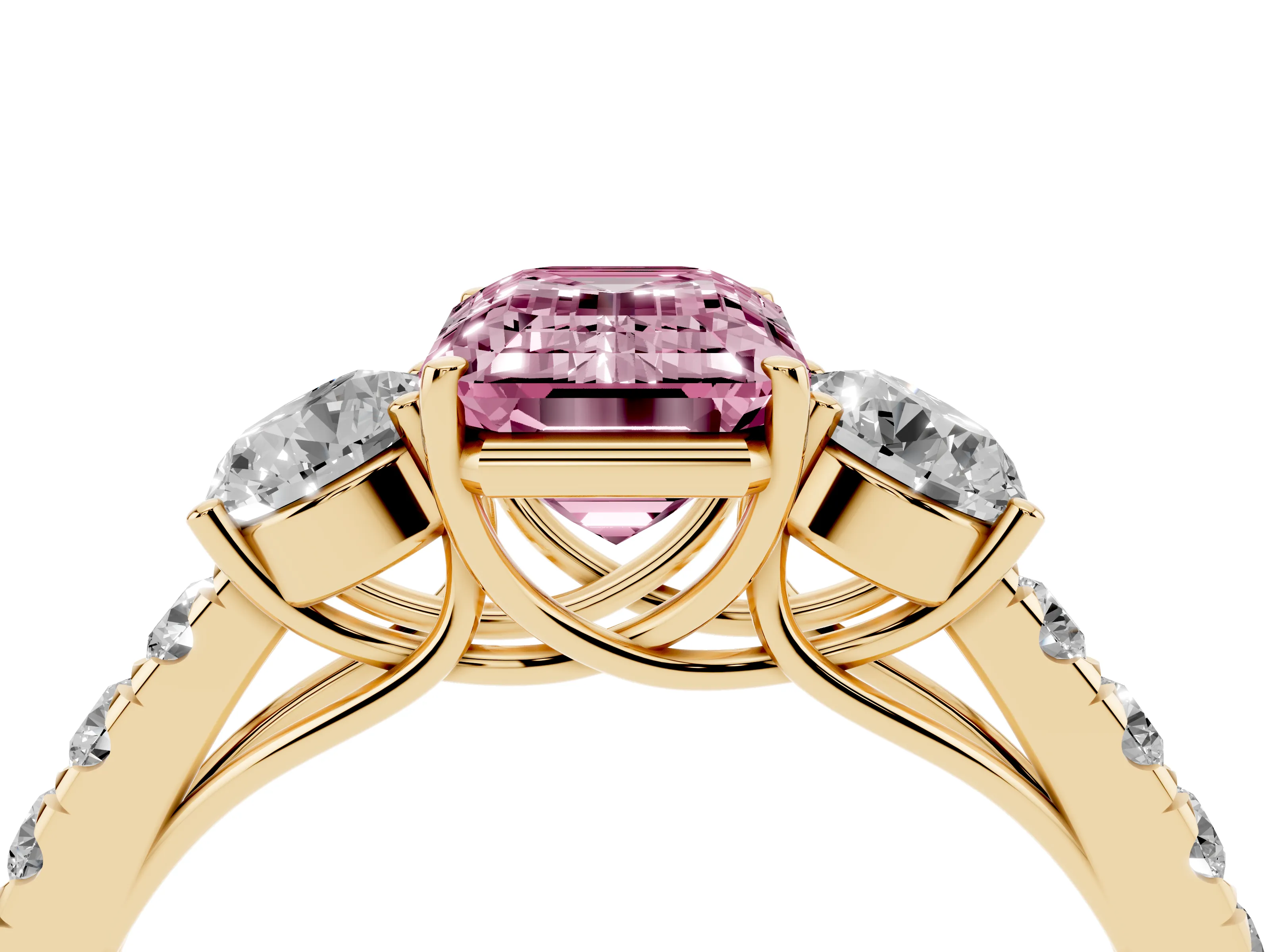 Fancy Pink Emerald Cut Diamond Three-Stone Ring Set in Yellow gold with Round Side Stones and Delicate Pavé Band