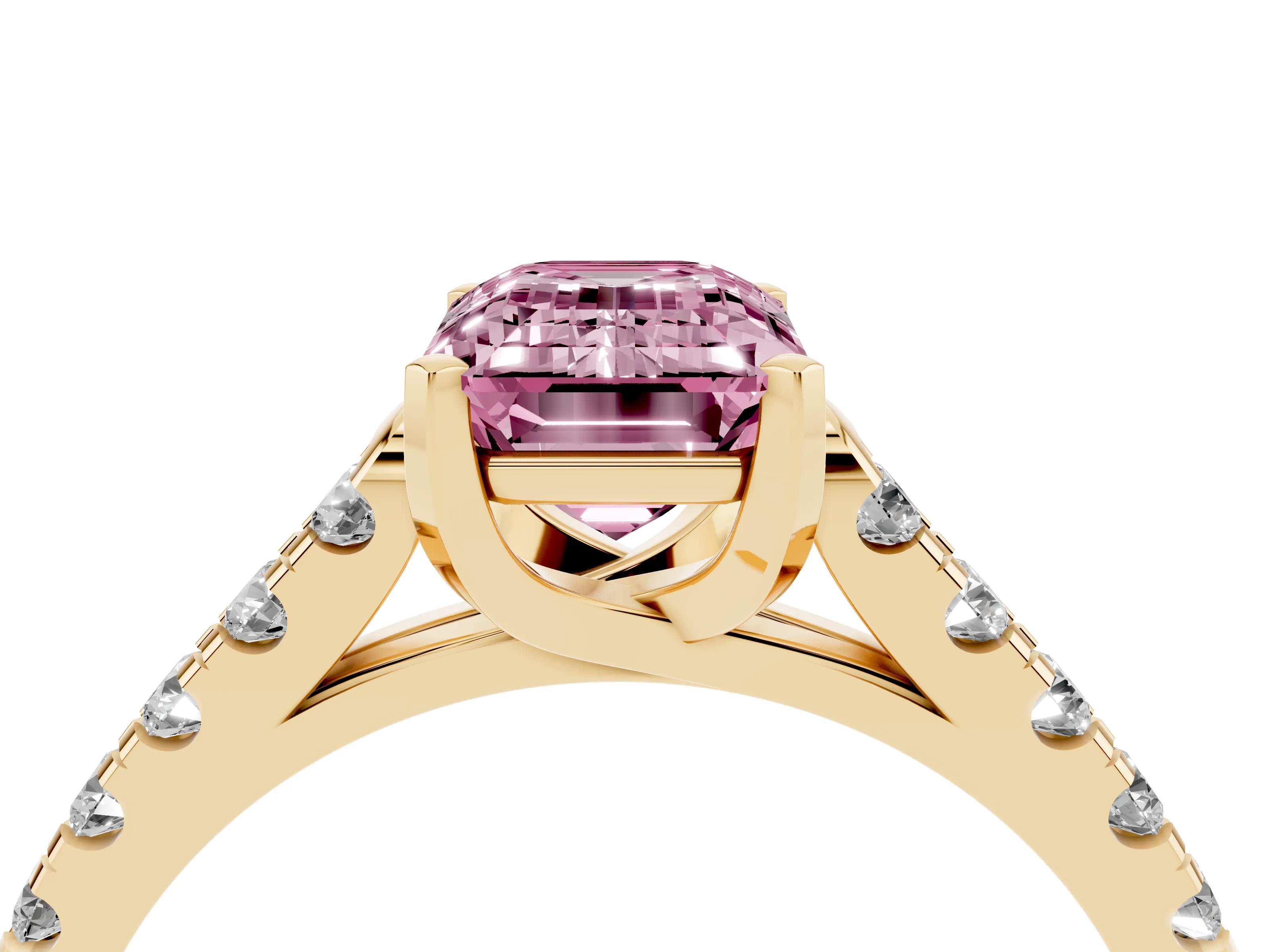 Fancy Pink Emerald Cut Diamond Pavé Band Solitaire Ring Set in Yellow gold with Partway Accent Stones and Prong Setting