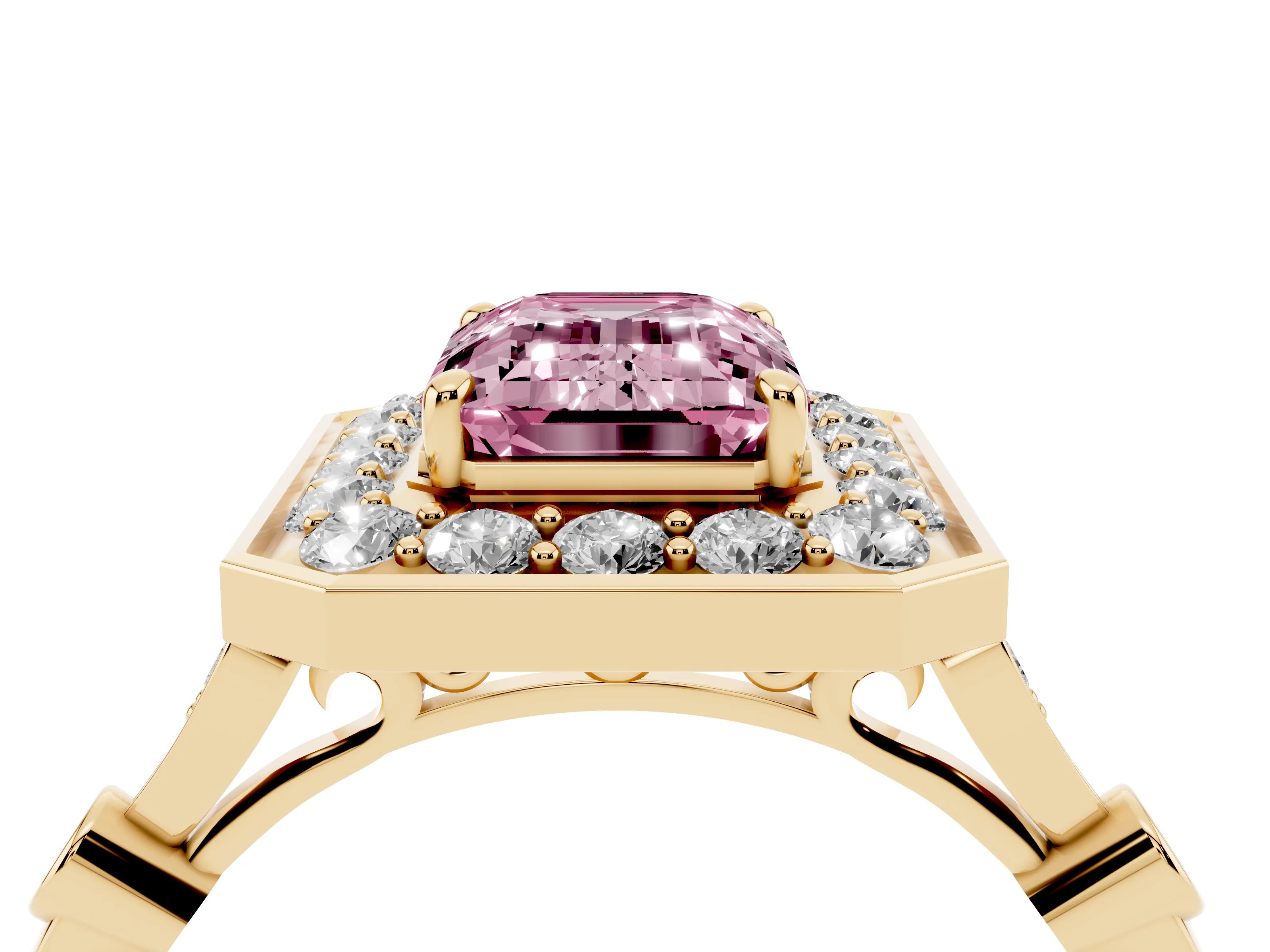 Fancy Pink Emerald Cut Diamond Halo Engagement Ring Set in Yellow gold with Twisted Band and Prong Setting