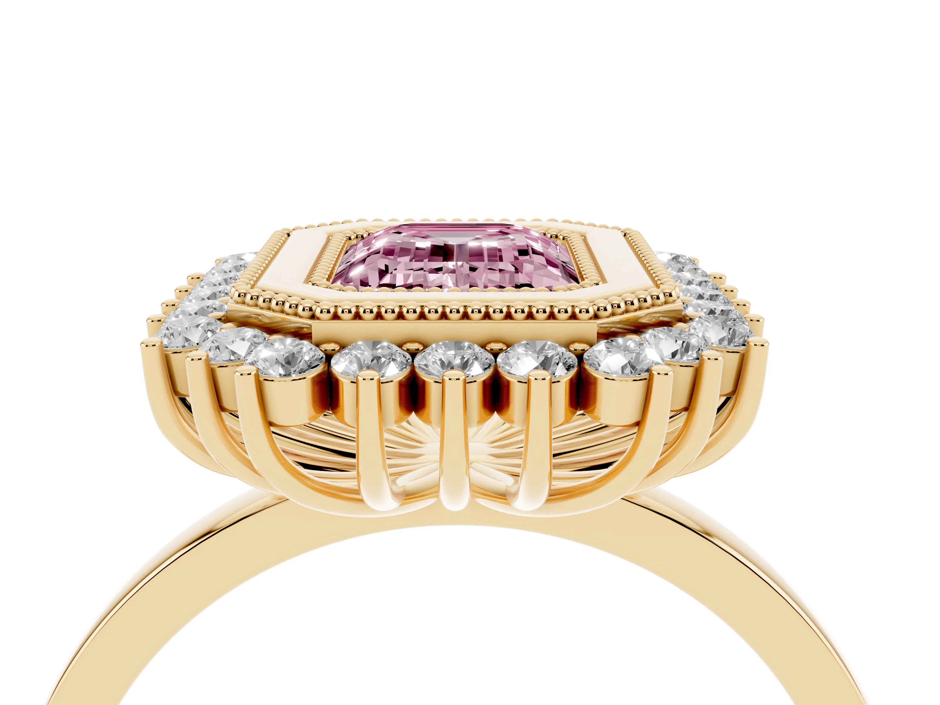 Fancy Pink Emerald Cut Diamond Halo Ring Set in Yellow gold with Milgrain Edge and Round Prong Setting