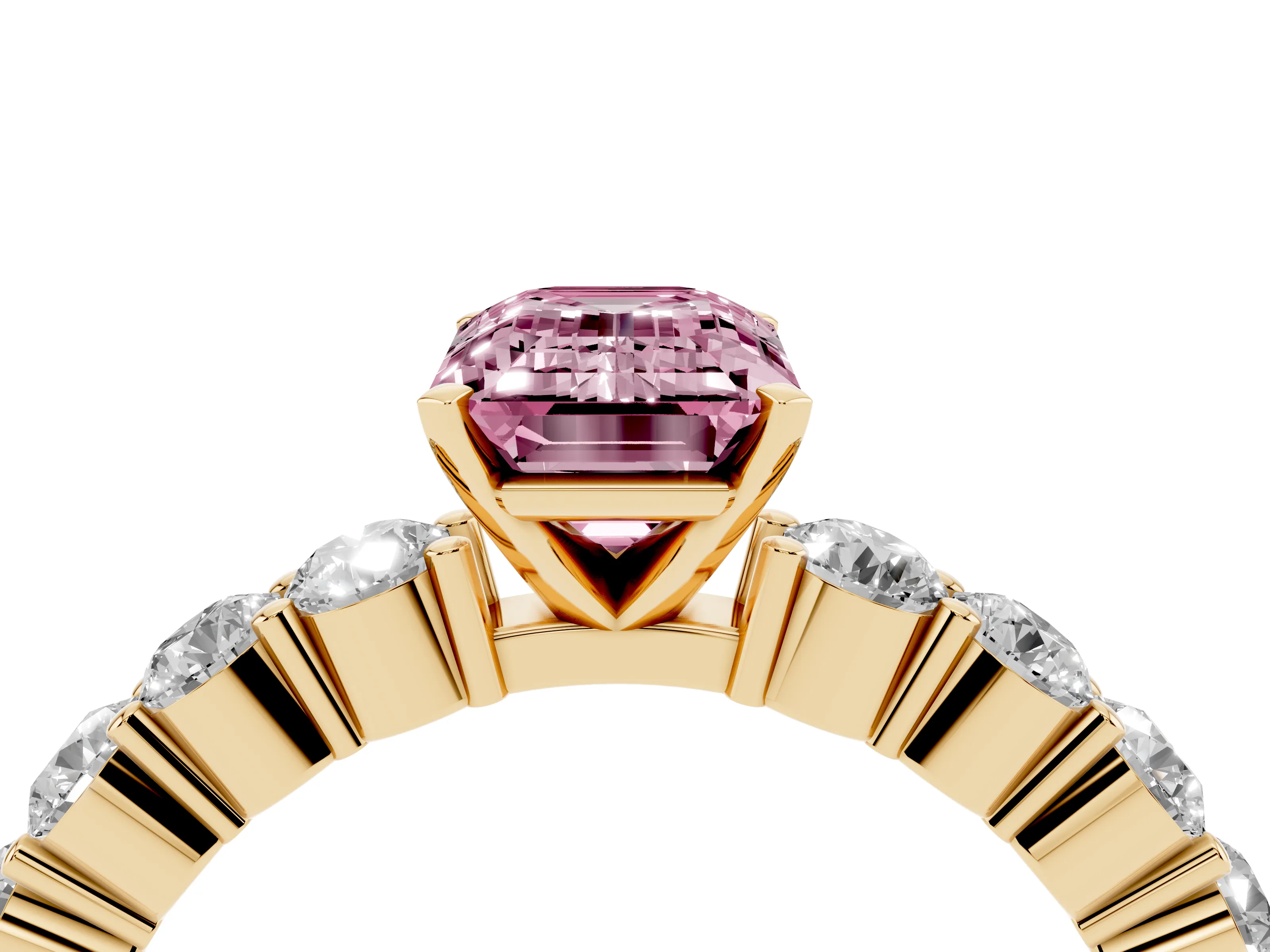 Fancy Pink Emerald Cut Diamond Solitaire Ring Set in Yellow gold with Shared Prong Round Side Stones