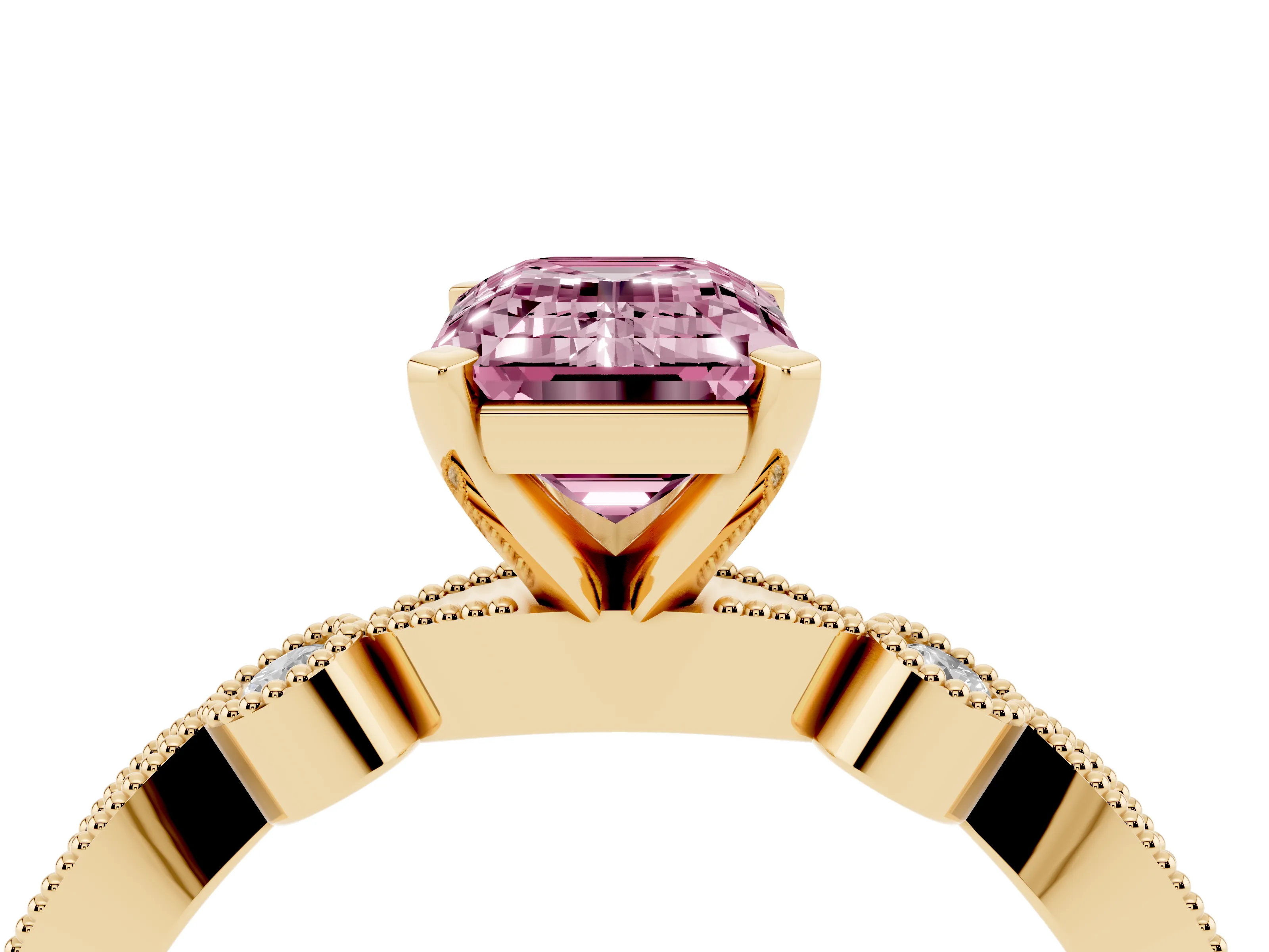 Fancy Pink Emerald Cut Diamond Solitaire Engagement Ring Set in Yellow gold with Milgrain Bezel Accent Band