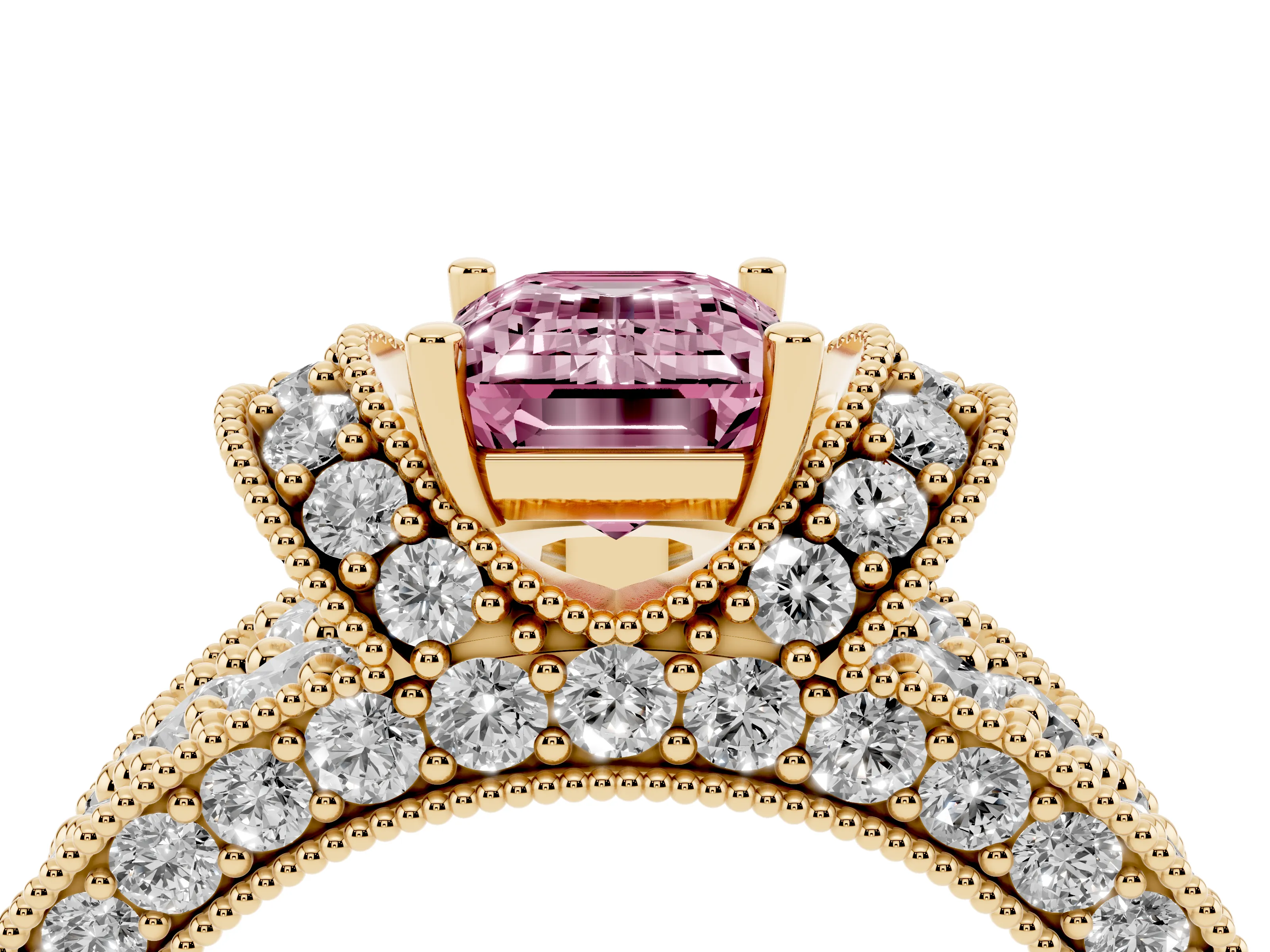 Fancy Pink Emerald Cut Diamond Milgrain Halo Pavé Engagement Ring Set in Yellow gold with Prong Setting