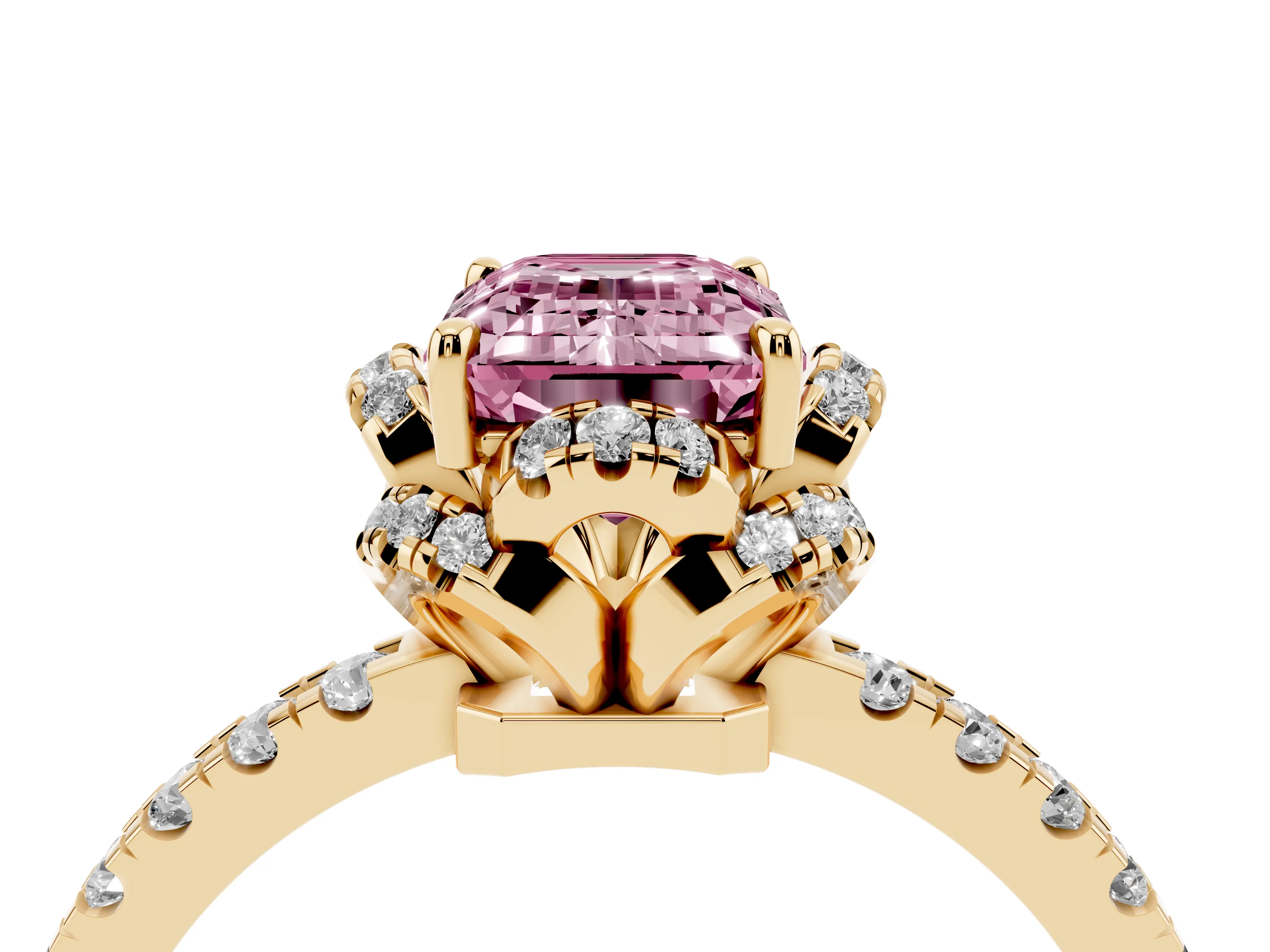 Fancy Pink Emerald Cut Diamond Halo Pavé Band Ring Set in Yellow gold with Prong-Held Center