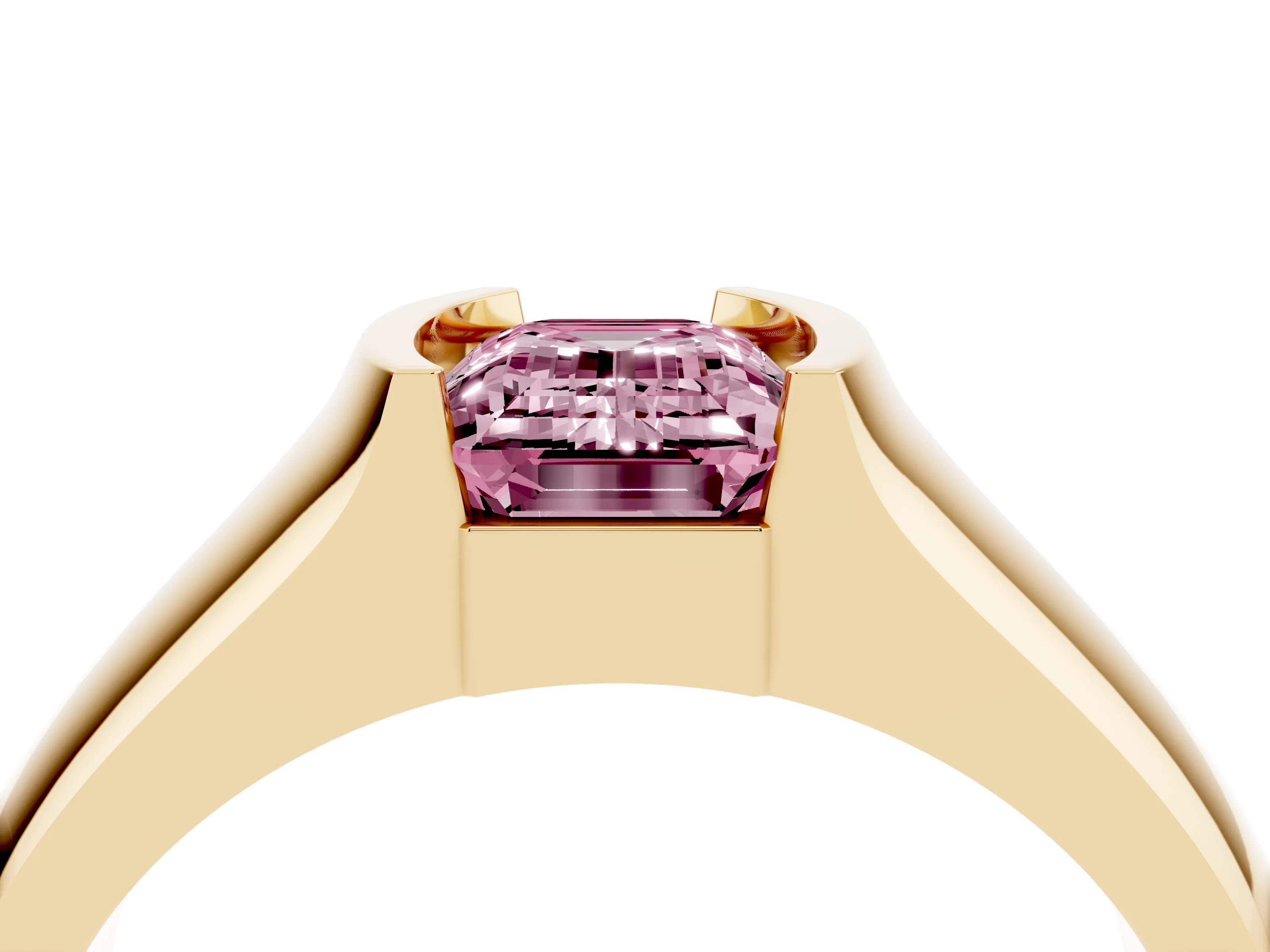 Fancy Pink Emerald Cut Diamond Bezel Solitaire Ring Set in Yellow gold with Wide Band