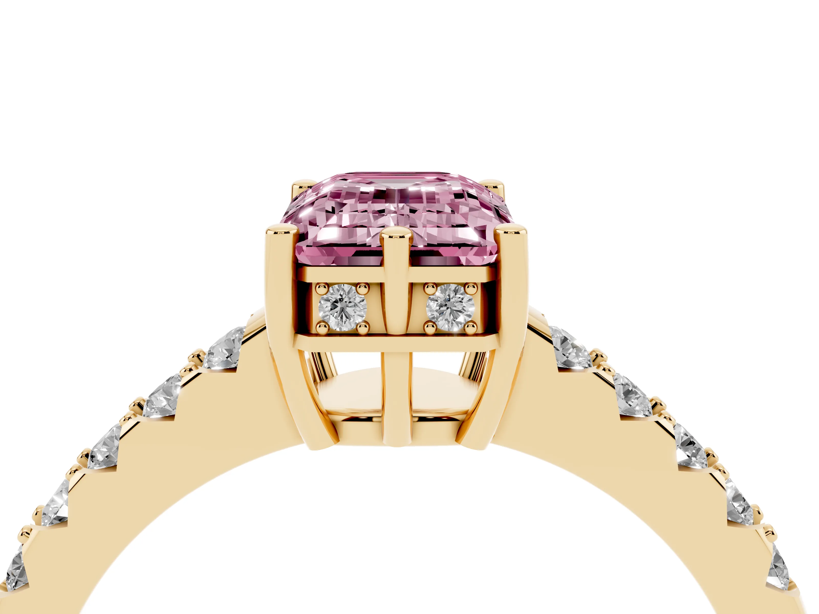 Fancy Pink Emerald Cut Diamond Solitaire Engagement Ring Set in Yellow gold with Pavé Band and Prong Setting