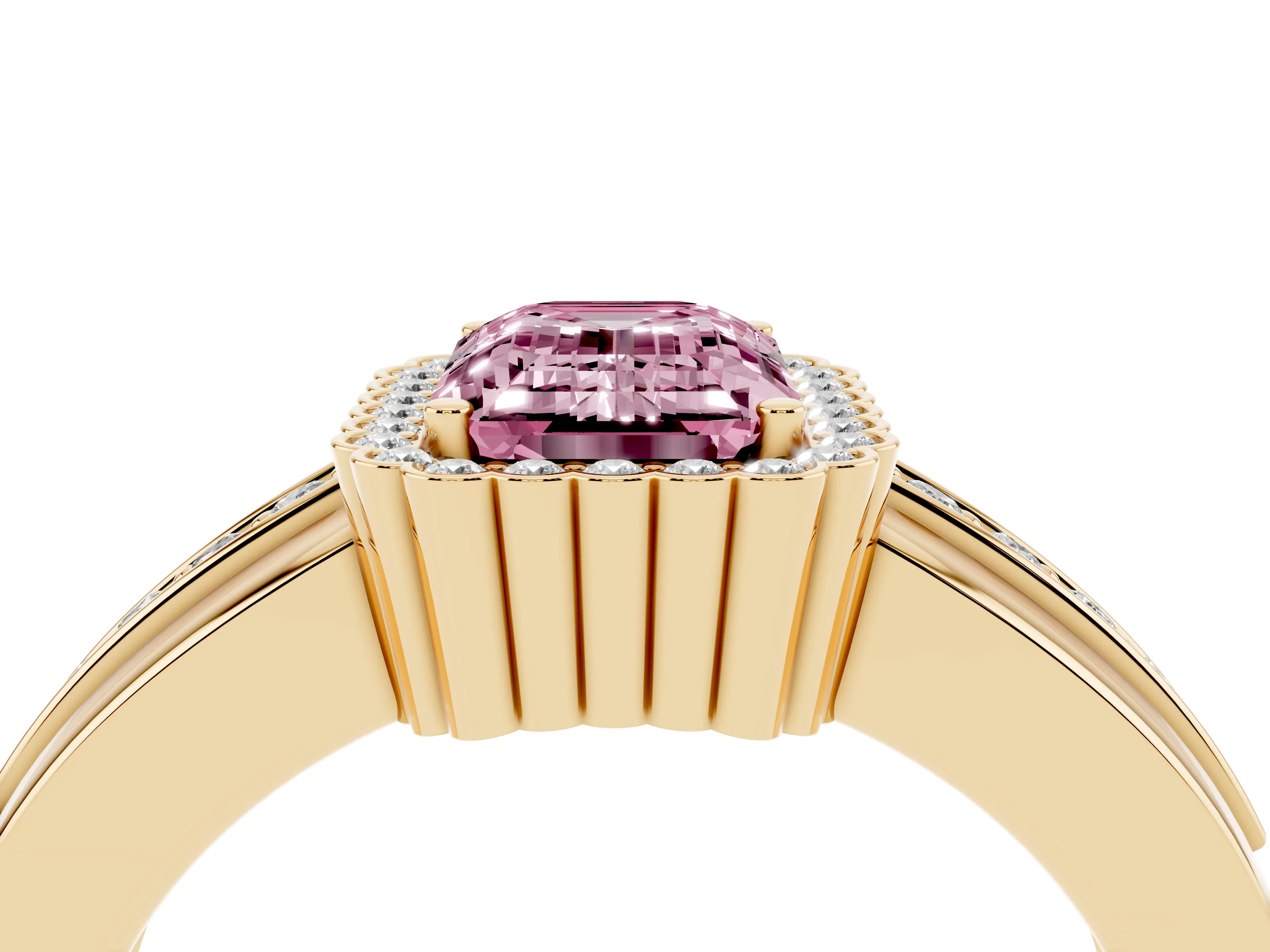 Fancy Pink Emerald Cut Diamond Halo Prong Ring Set in Yellow gold with Pavé Band