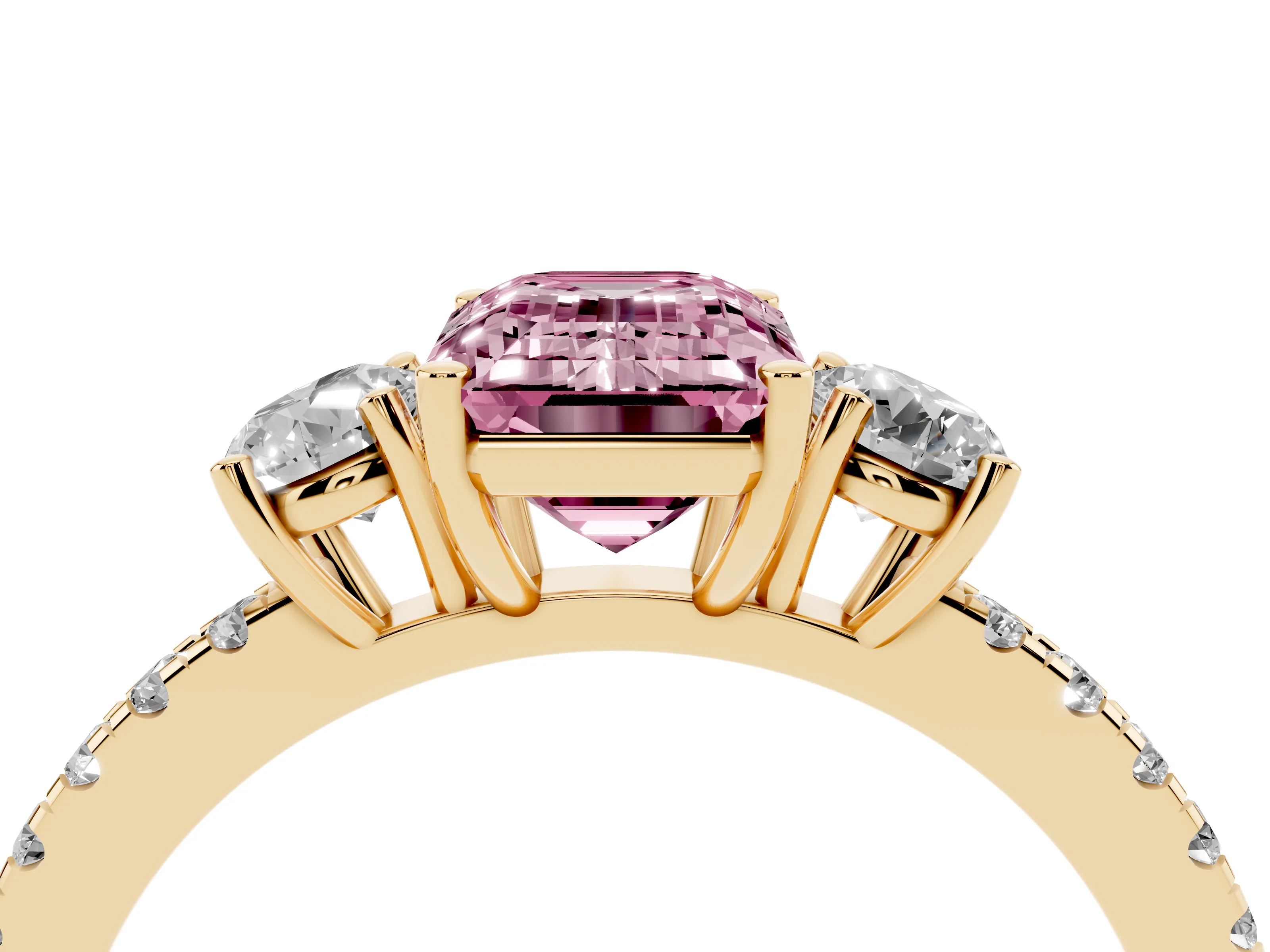 Fancy Pink Emerald Cut Diamond Three-Stone Ring Set in Yellow gold with Pavé Band and Graduated Sides