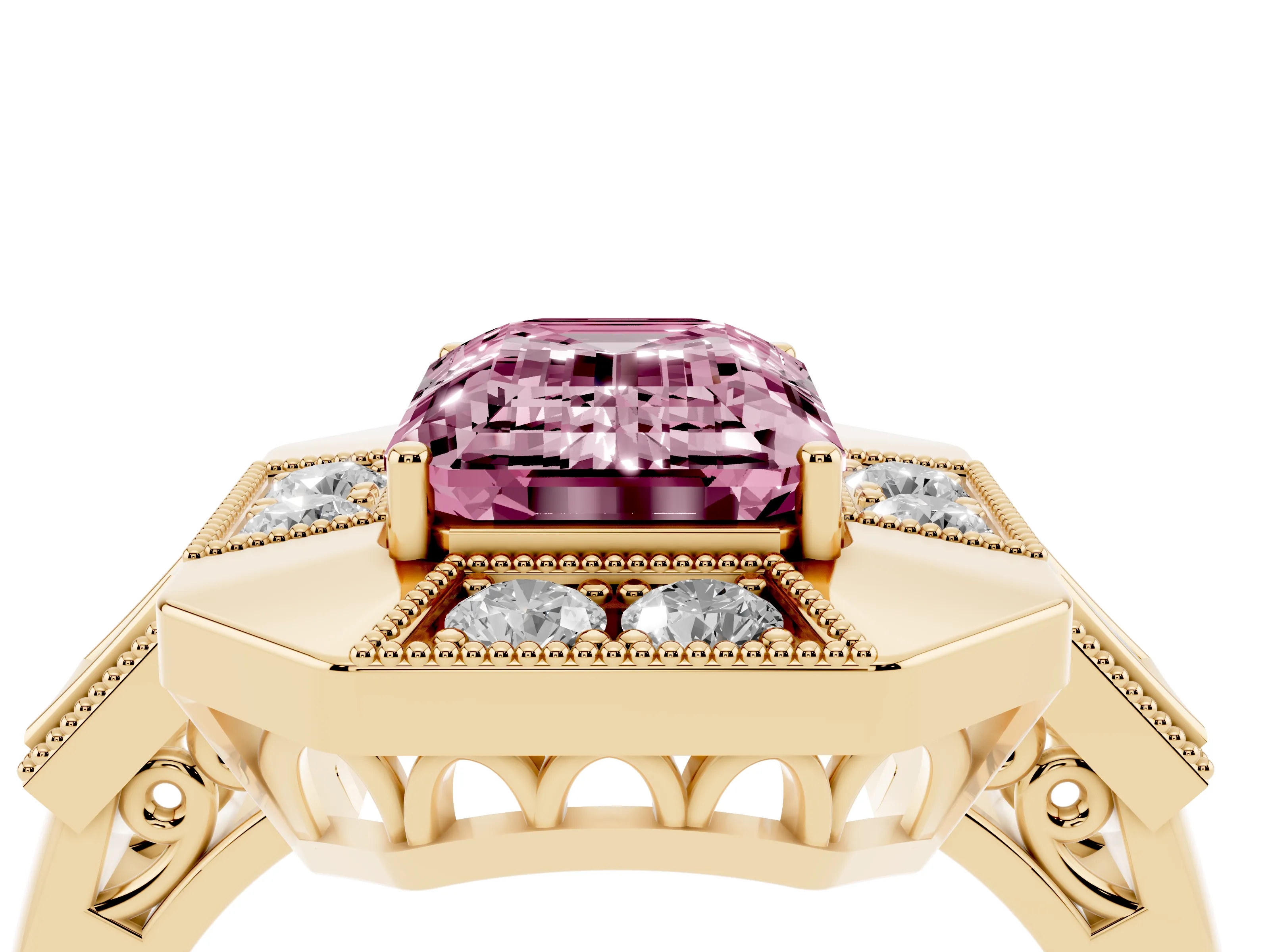 Fancy Pink Emerald Cut Diamond Milgrain Halo Ring Set in Yellow gold with Split Shank