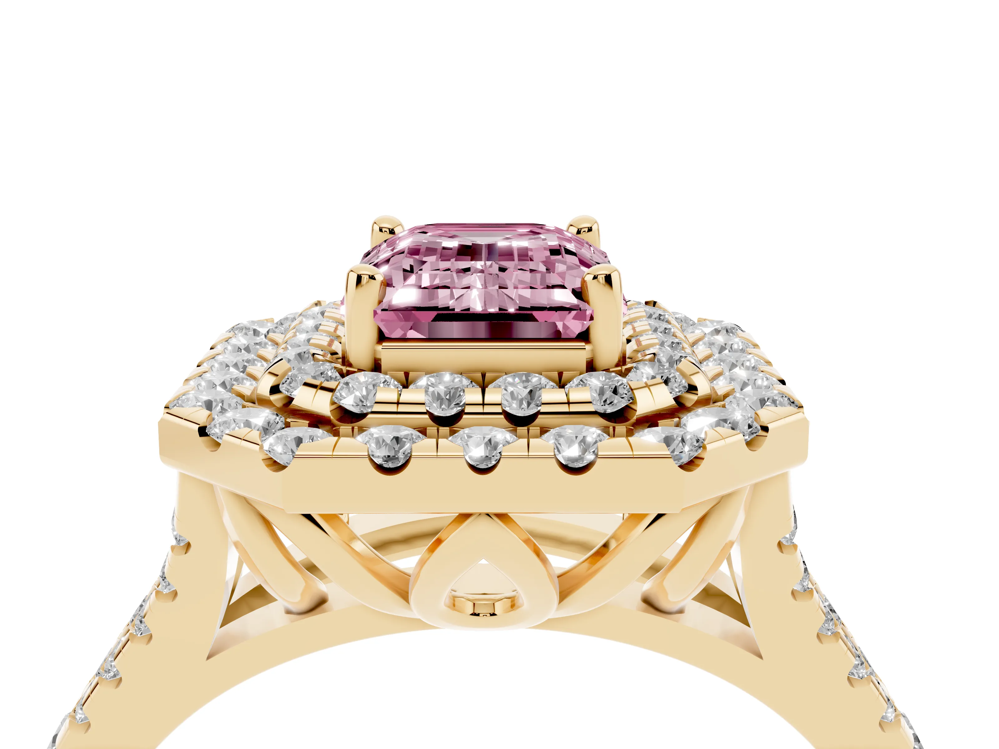 Fancy Pink Emerald Cut Diamond Double Halo Ring Set in Yellow gold with Pavé Split Shank and Prong Setting