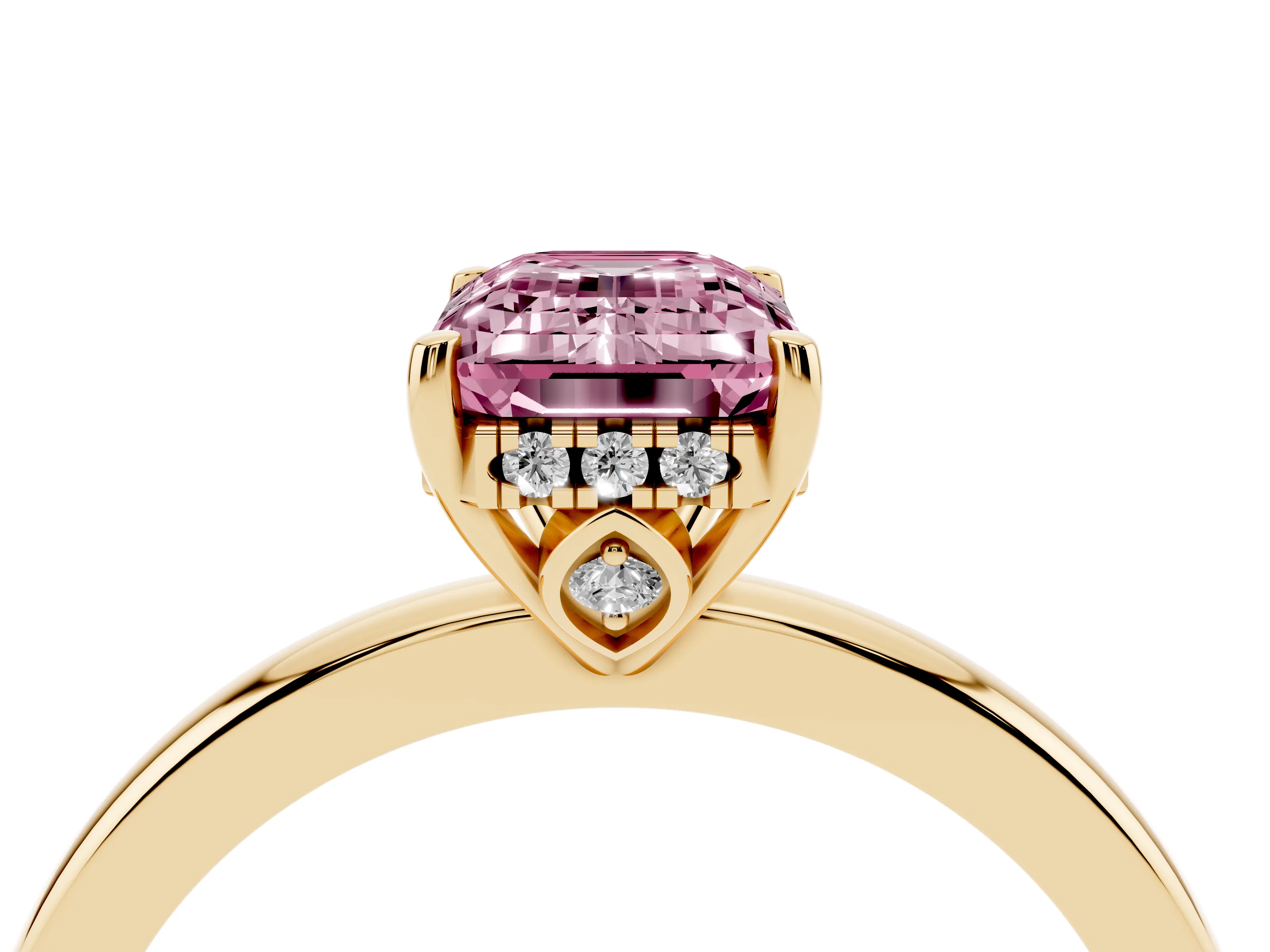 Fancy Pink Emerald Cut Diamond Solitaire Ring Set in Yellow gold with Plain Band and Prong Setting