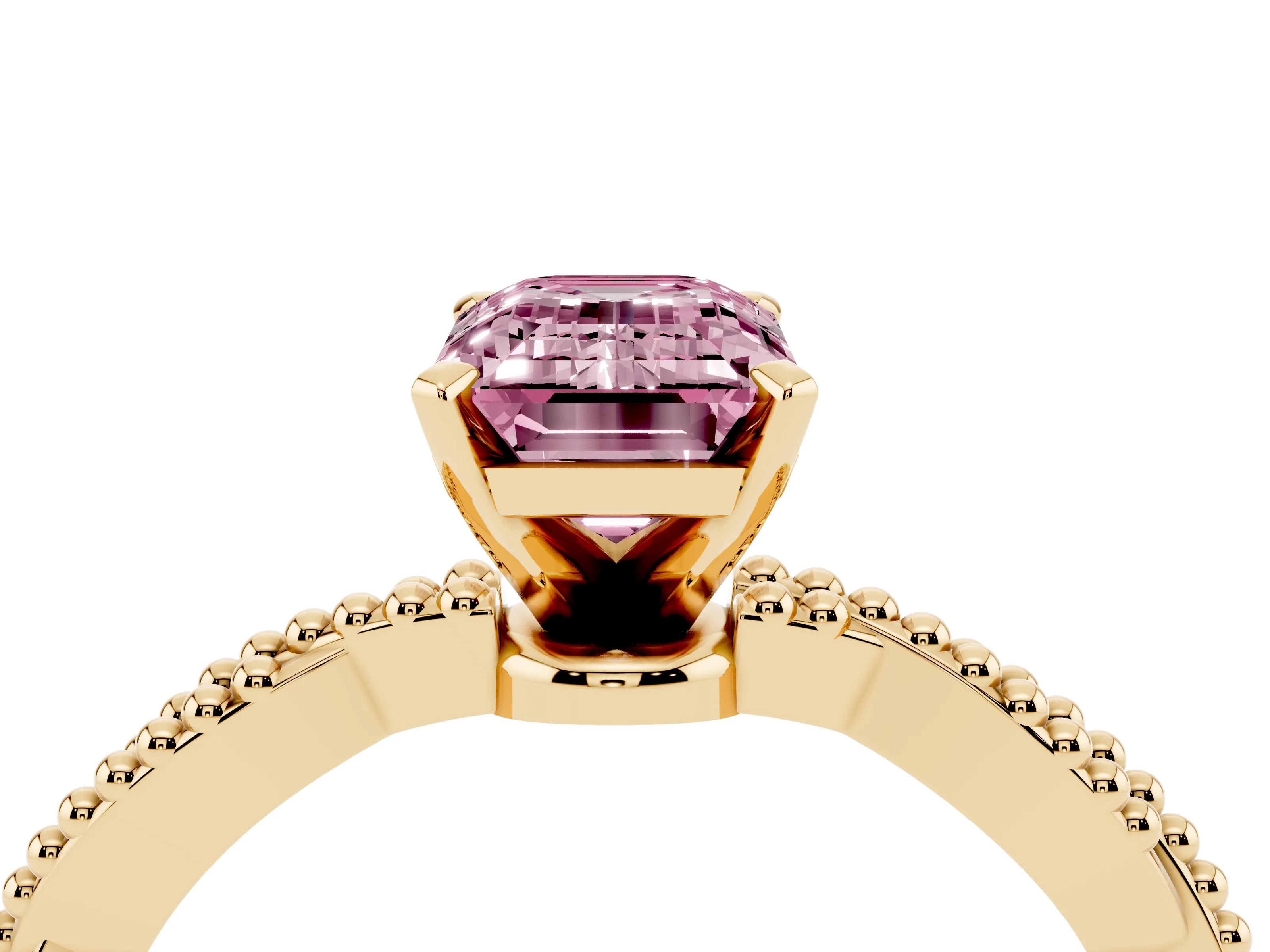 Fancy Pink Emerald Cut Diamond Solitaire Ring Set in Yellow gold with Twisted Band and Bead Prong Setting