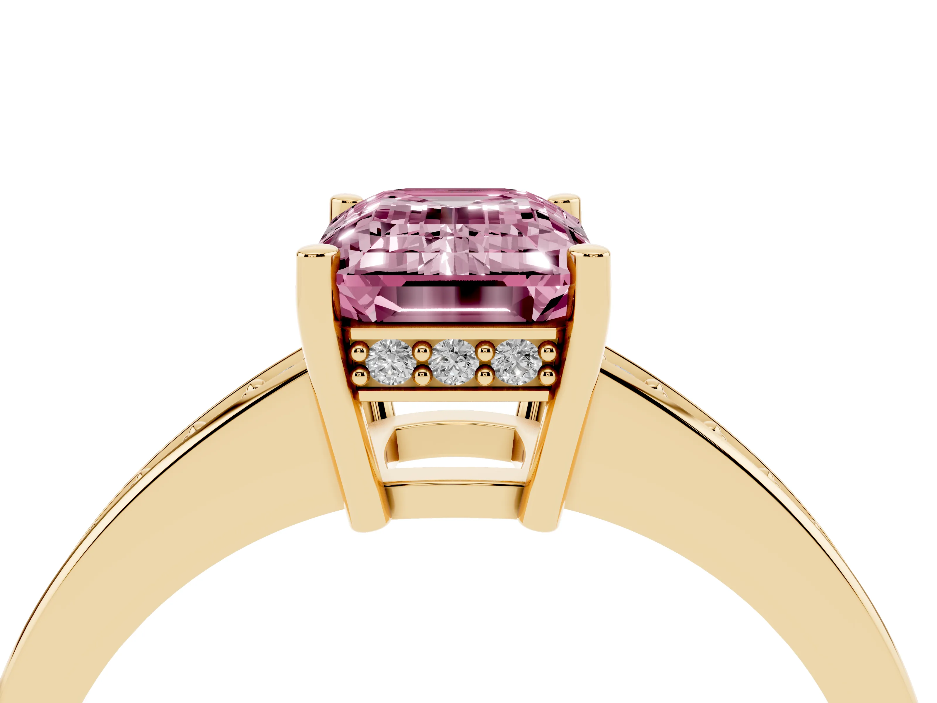 Fancy Pink Emerald Cut Diamond Pavé Band Prong Set Solitaire Ring Set in Yellow gold