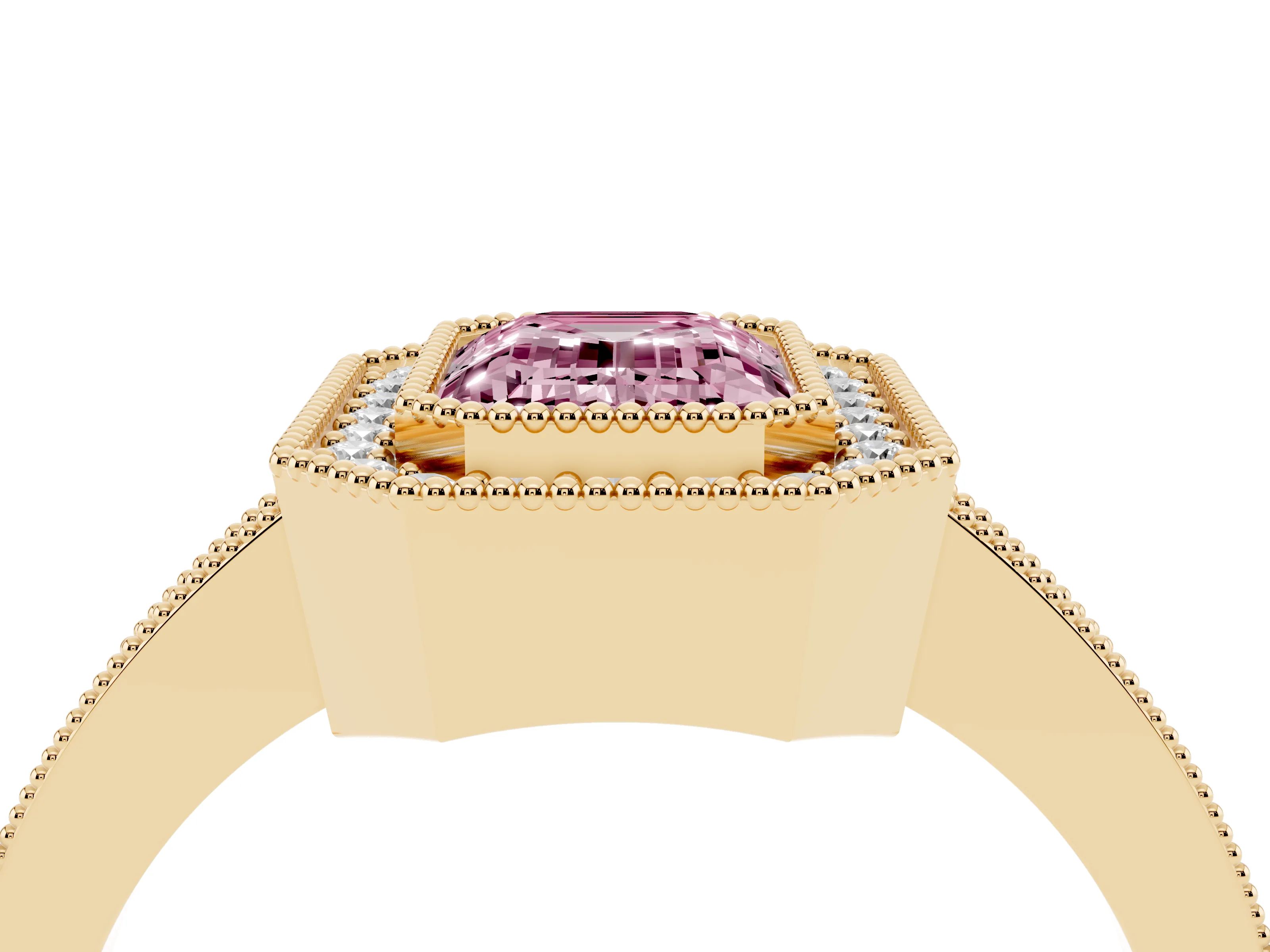 Fancy Pink Emerald Cut Diamond Halo Engagement Ring Set in Yellow gold with Pavé Band and Round Halo Stones