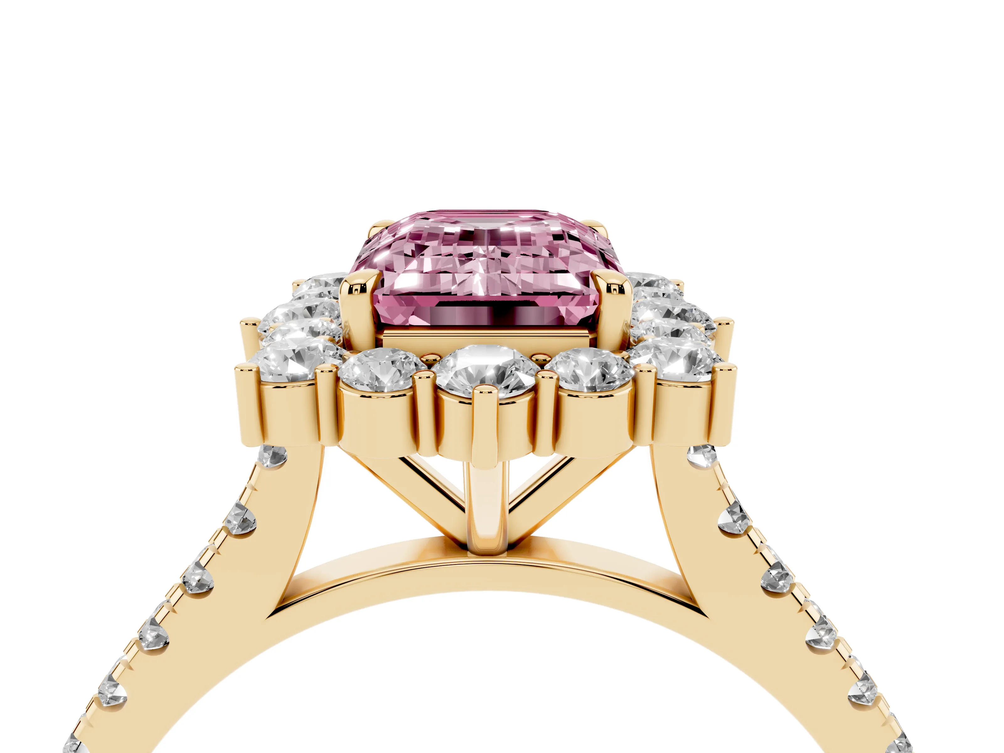 Fancy Pink Emerald Cut Diamond Halo Ring Set in Yellow gold with Pavé Band and Prong Setting