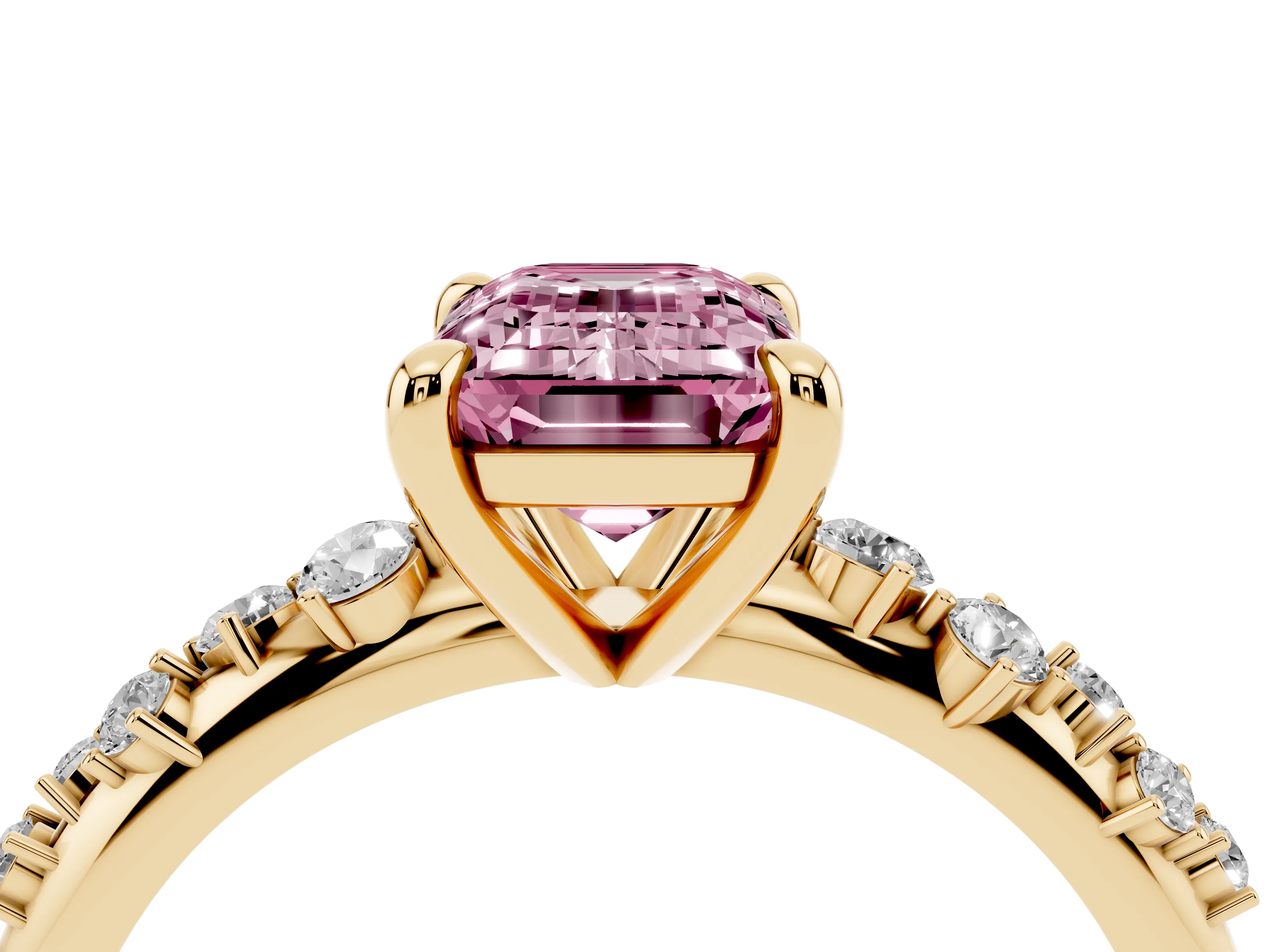 Fancy Pink Emerald Cut Diamond Solitaire Vine Band Ring Set in Yellow gold with Round Accents and Prong Setting