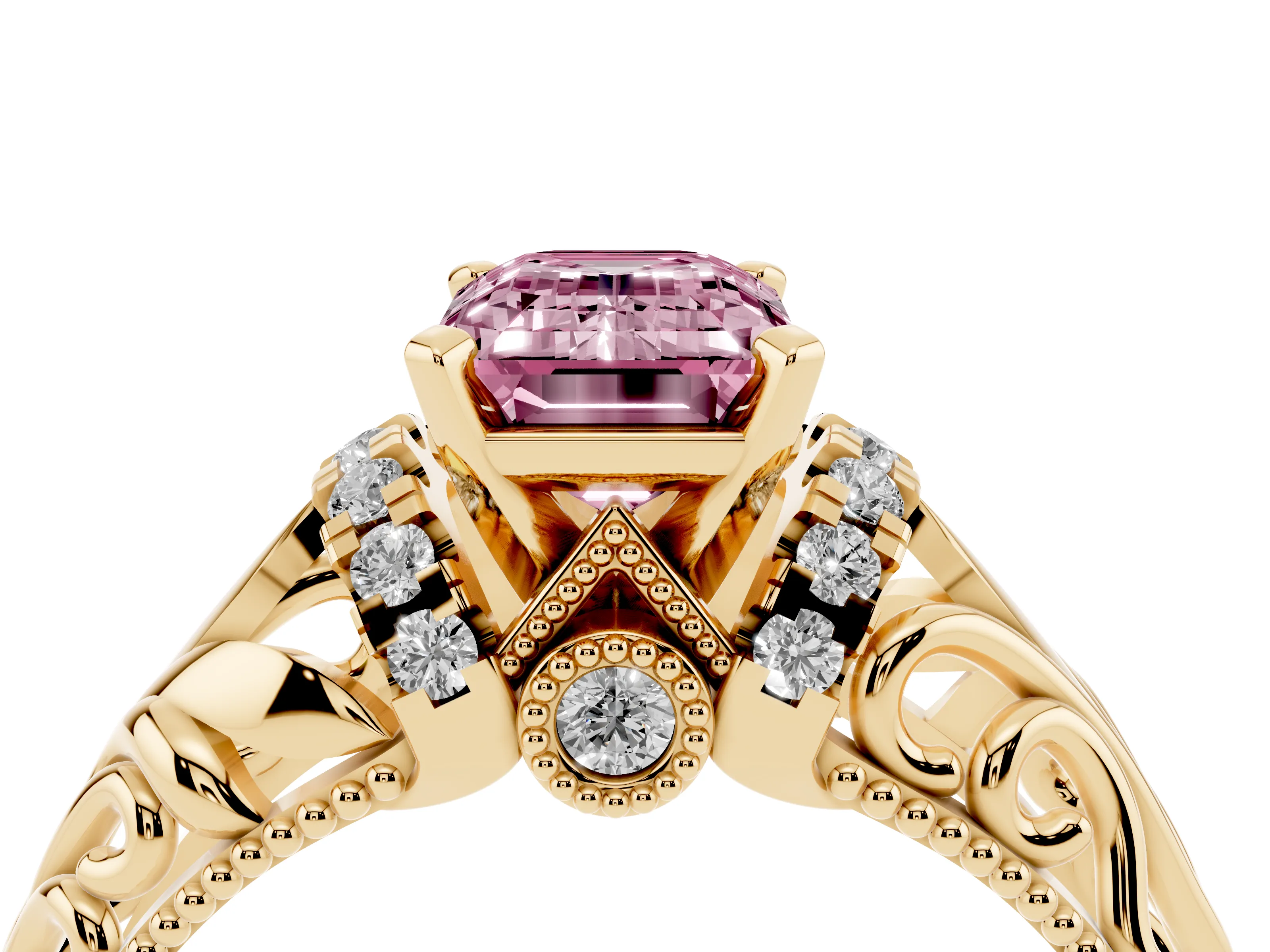 Fancy Pink Emerald Cut Diamond Filigree Halo Engagement Ring Set in Yellow gold with Prong Setting