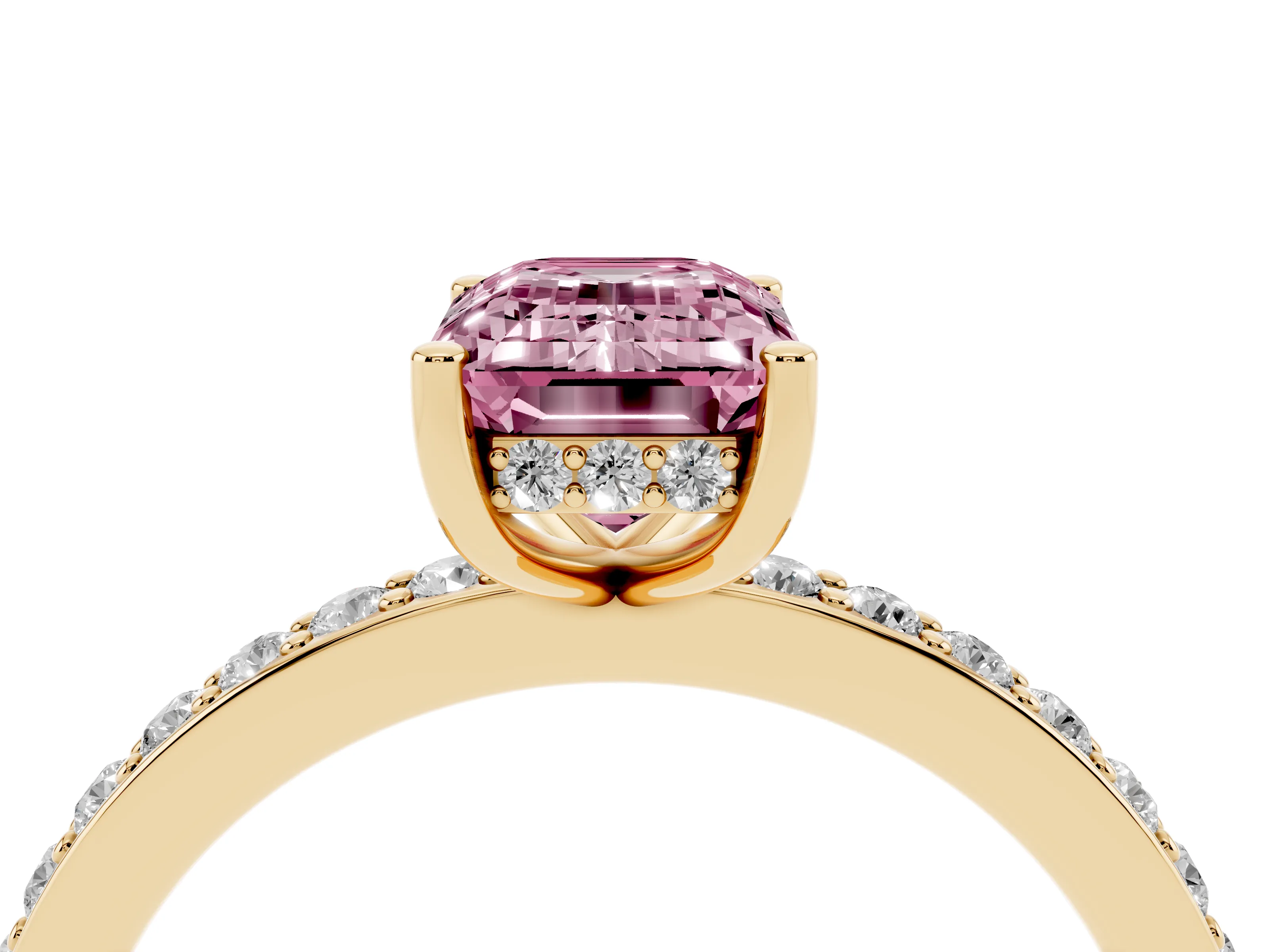 Fancy Pink Emerald Cut Diamond Pavé Band Ring Set in Yellow gold with Prong-Set Center Stone
