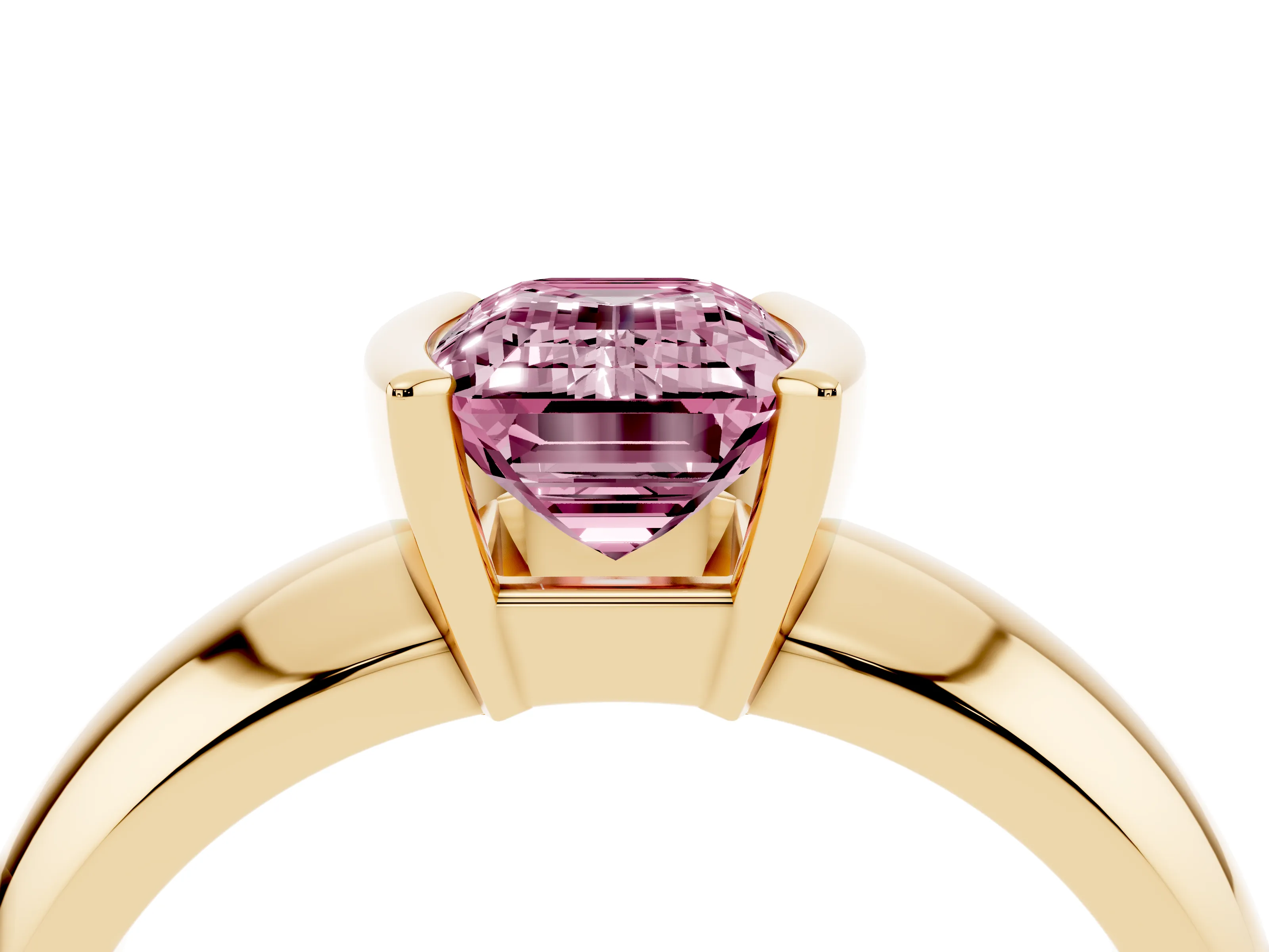 Fancy Pink Emerald Cut Diamond Solitaire Tension Set Ring Set in Yellow gold with Wide Band