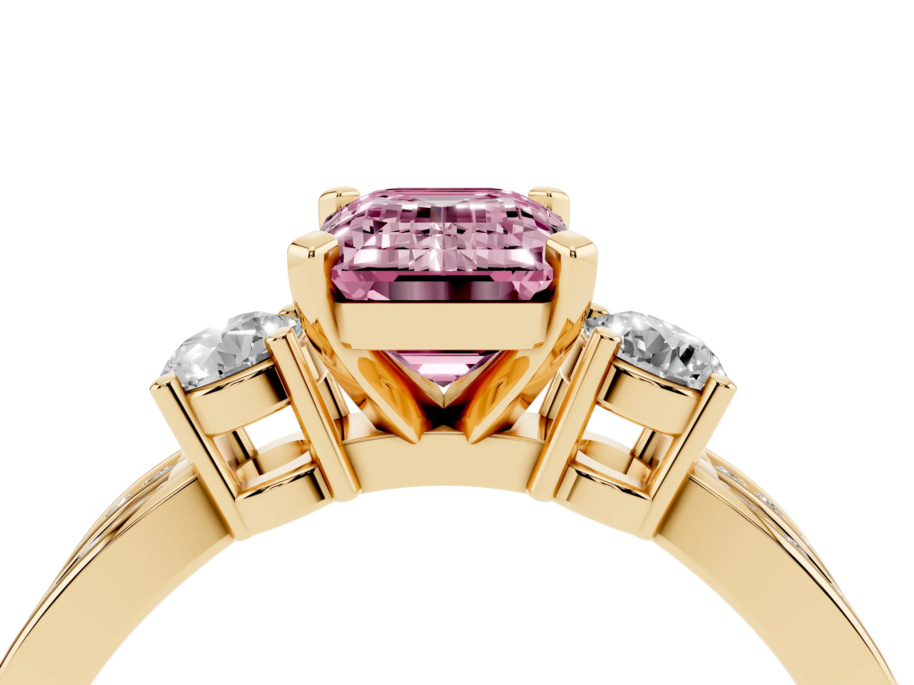Fancy Pink Three-Stone Emerald Cut Diamond Twist Band Ring Set in Yellow gold with Pavé Accents and Prong Setting