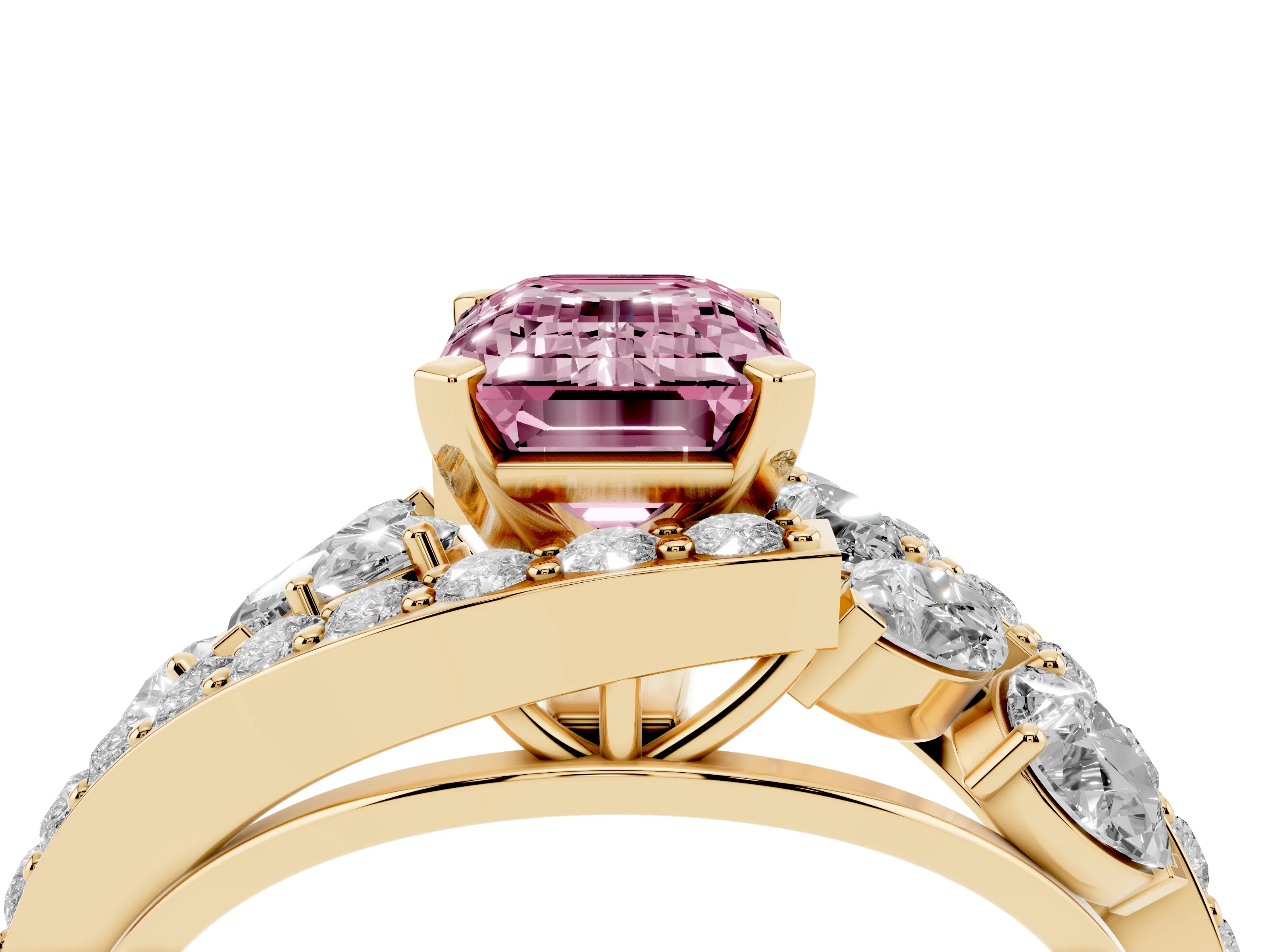 Fancy Pink Emerald Cut Diamond Halo Ring Set in Yellow gold with Marquise and Pavé Band in Prong Setting