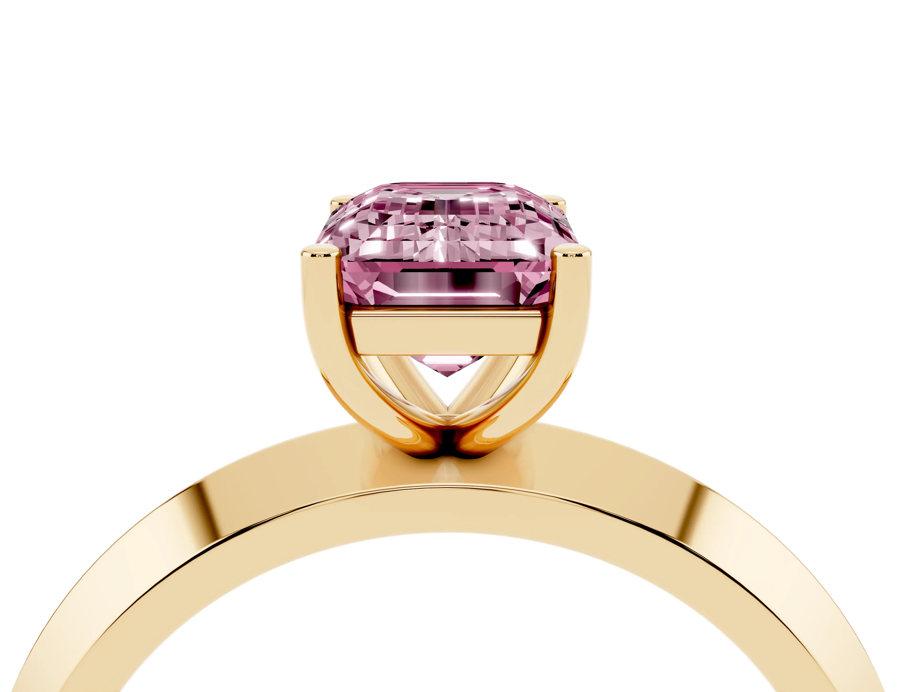 Fancy Pink Emerald Cut Diamond Solitaire Engagement Ring Set in Yellow gold with Flat Band and Prong Setting