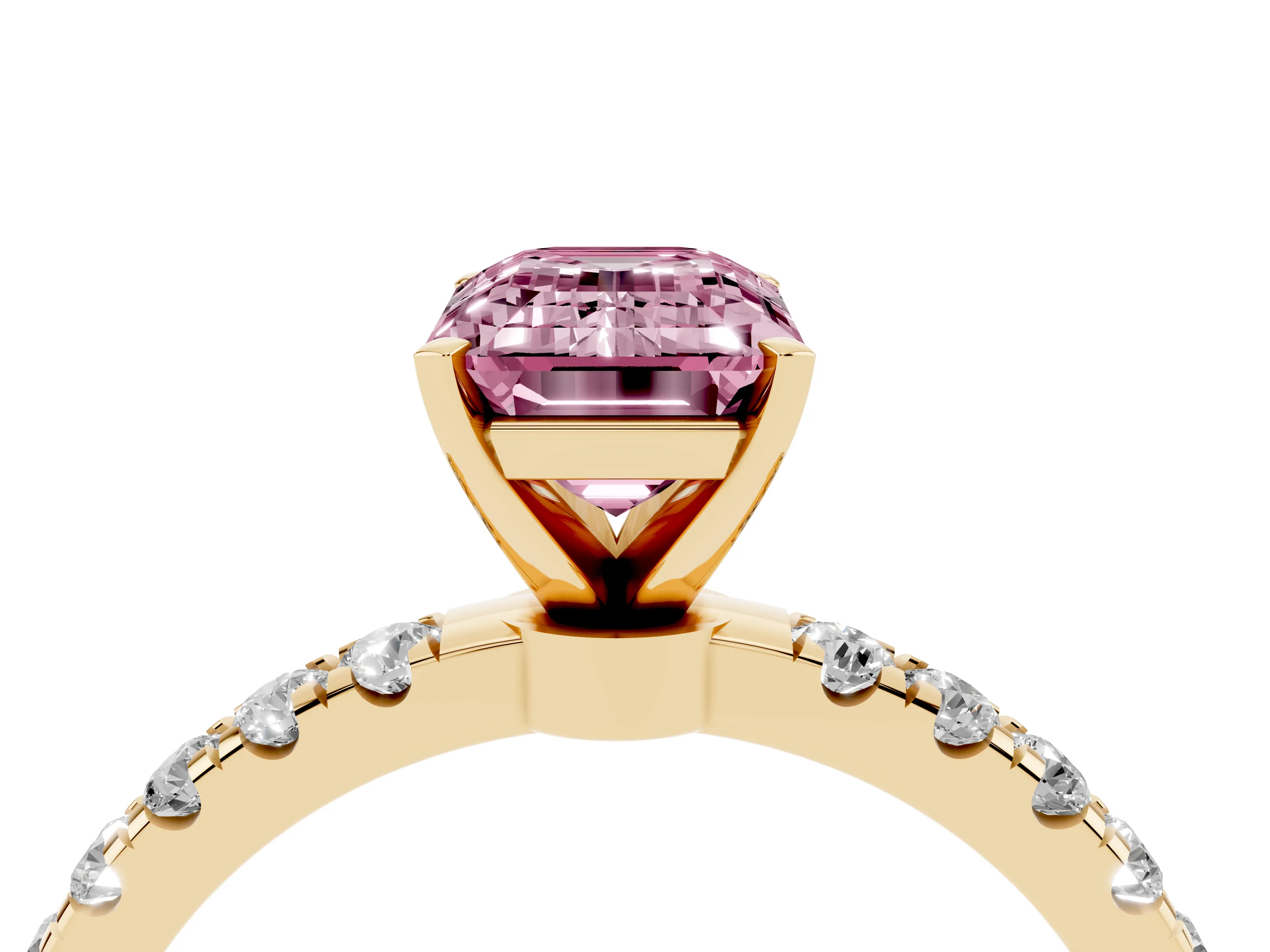 Fancy Pink Emerald Cut Diamond Solitaire Ring Set in Yellow gold with Pavé Accents and Prong Setting