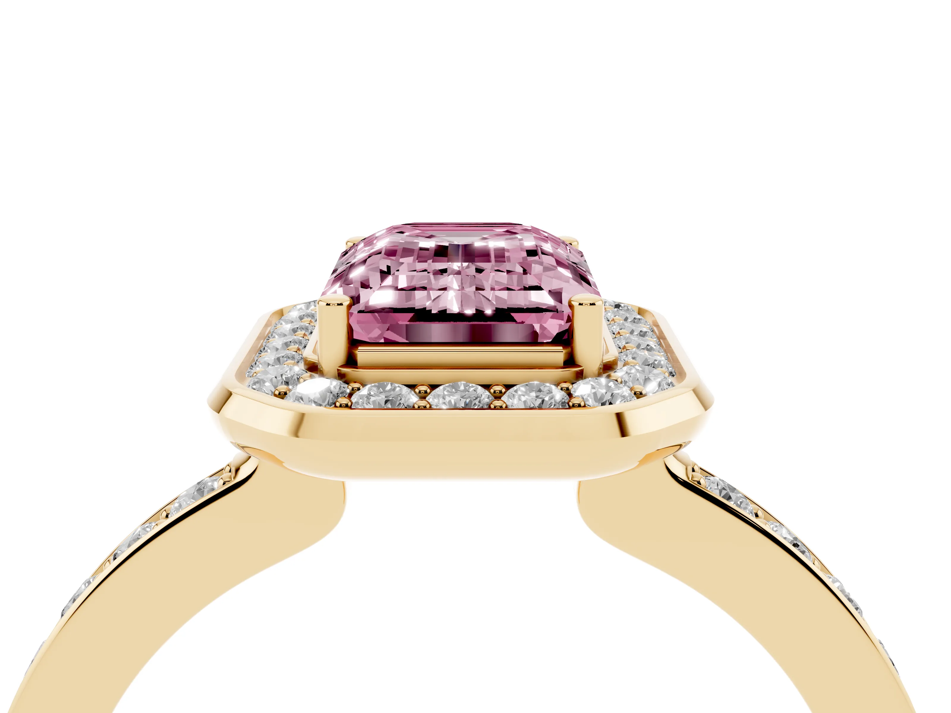 Fancy Pink Emerald Cut Diamond Halo Ring Set in Yellow gold with Bezel Frame and Pavé Band