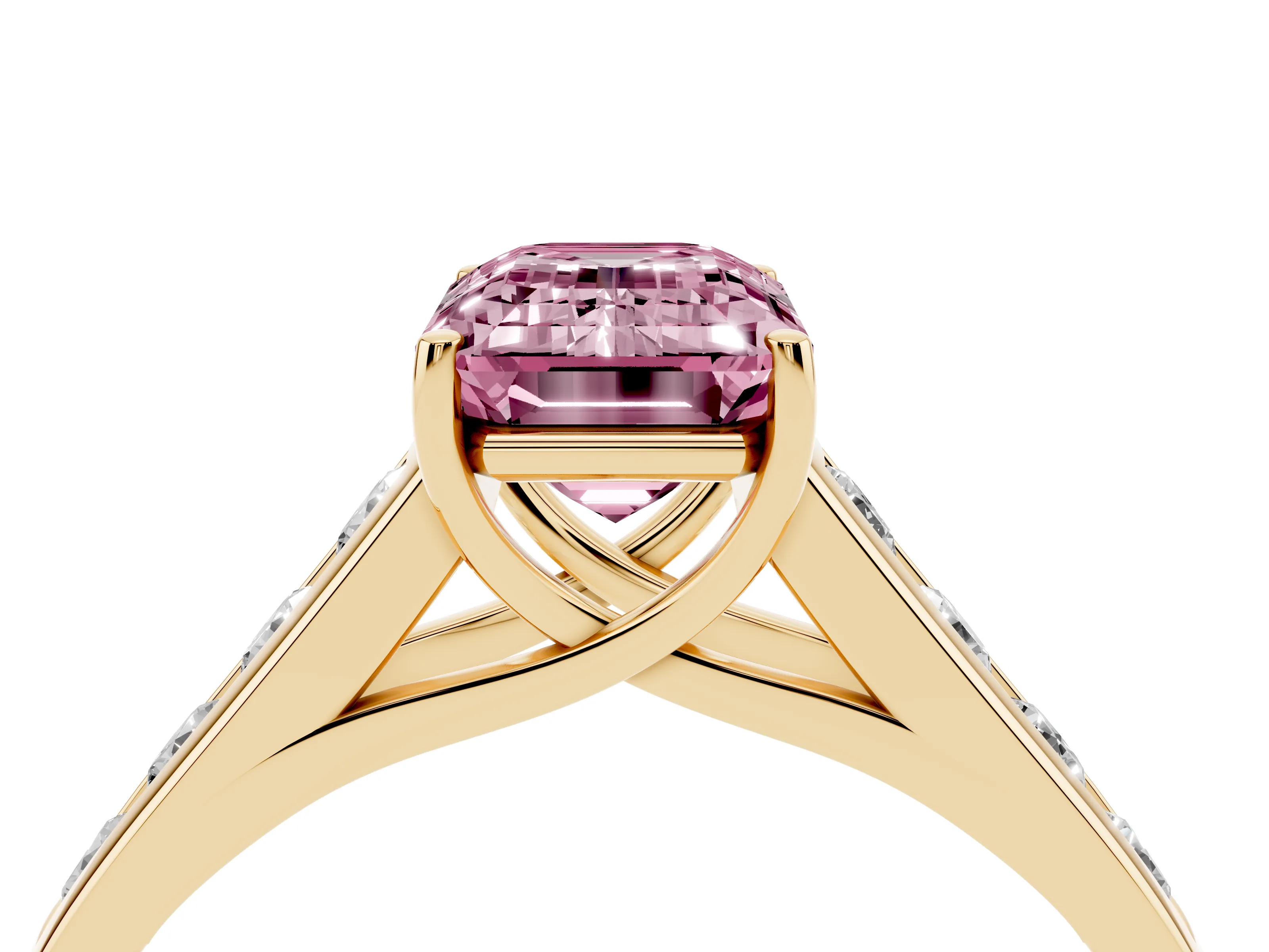 Fancy Pink Emerald Cut Diamond Solitaire Channel-Set Engagement Ring Set in Yellow gold with Prong Setting