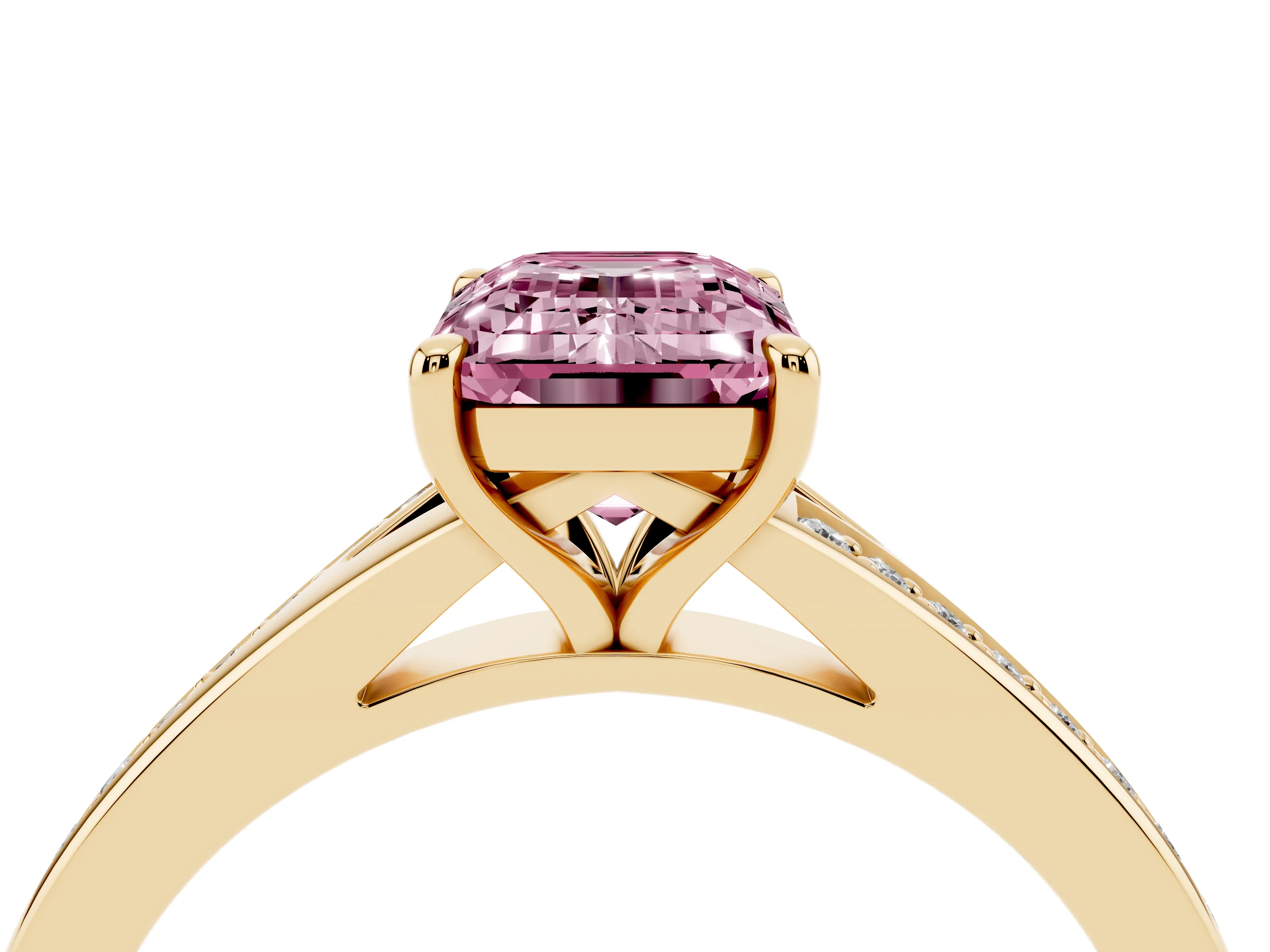 Fancy Pink Emerald Cut Diamond Solitaire Ring Set in Yellow gold with Pavé Accent Band and Classic Prong Setting