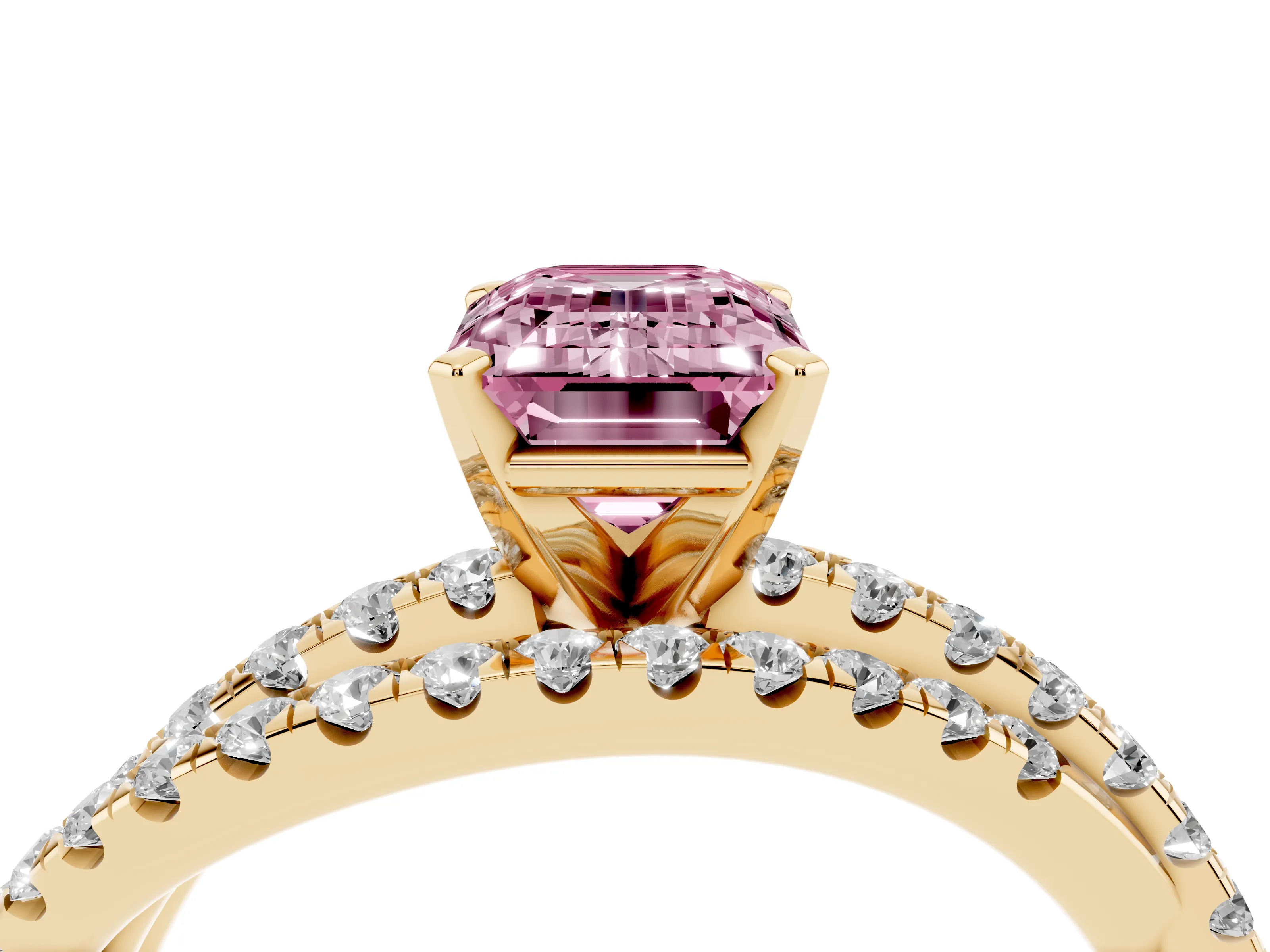 Fancy Pink Emerald Cut Diamond Solitaire Twist Band Ring Set in Yellow gold with Pavé Setting and Prong Head
