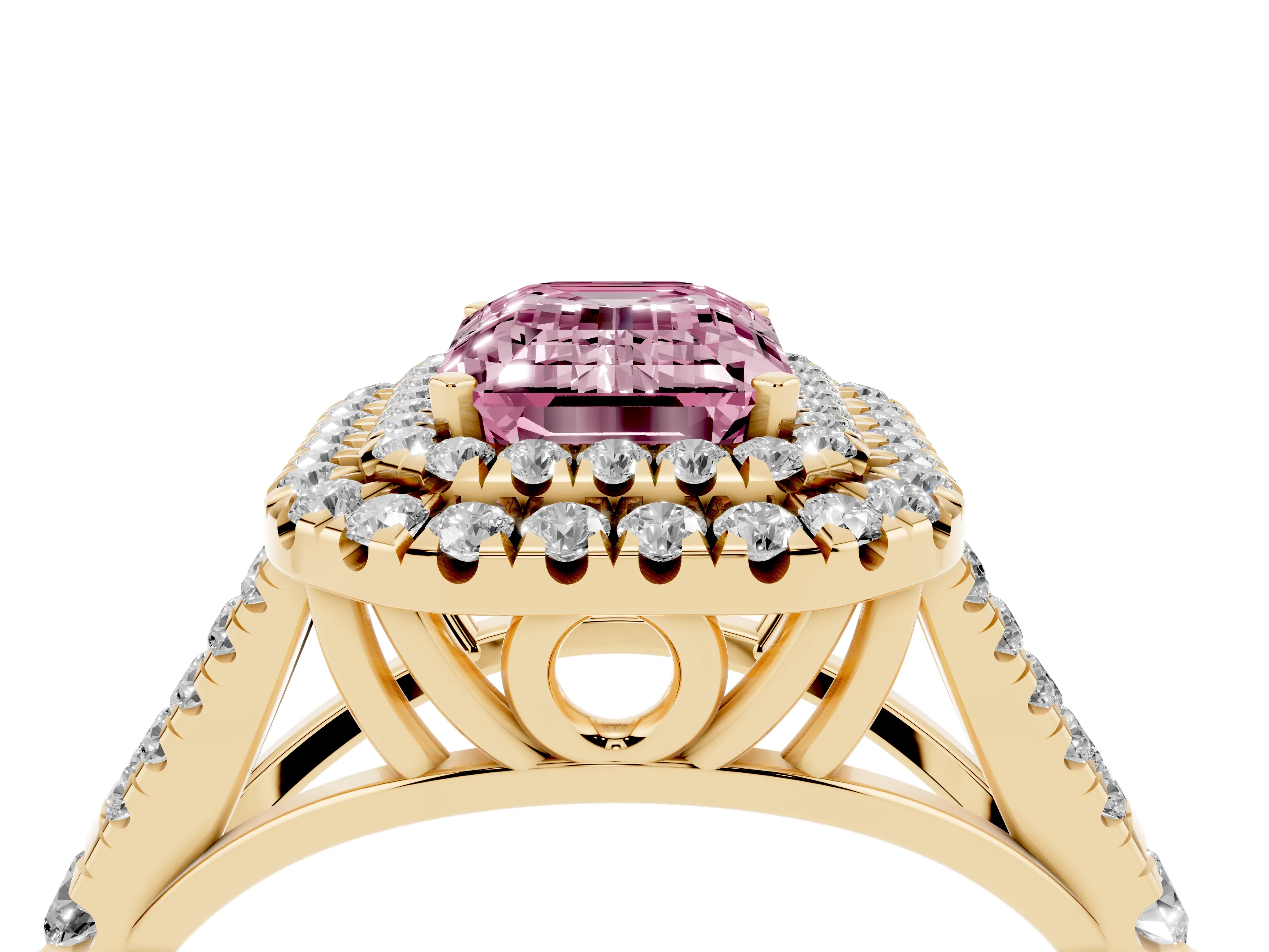 Fancy Pink Emerald Cut Diamond Pavé Split Shank Double Halo Engagement Ring Set in Yellow gold