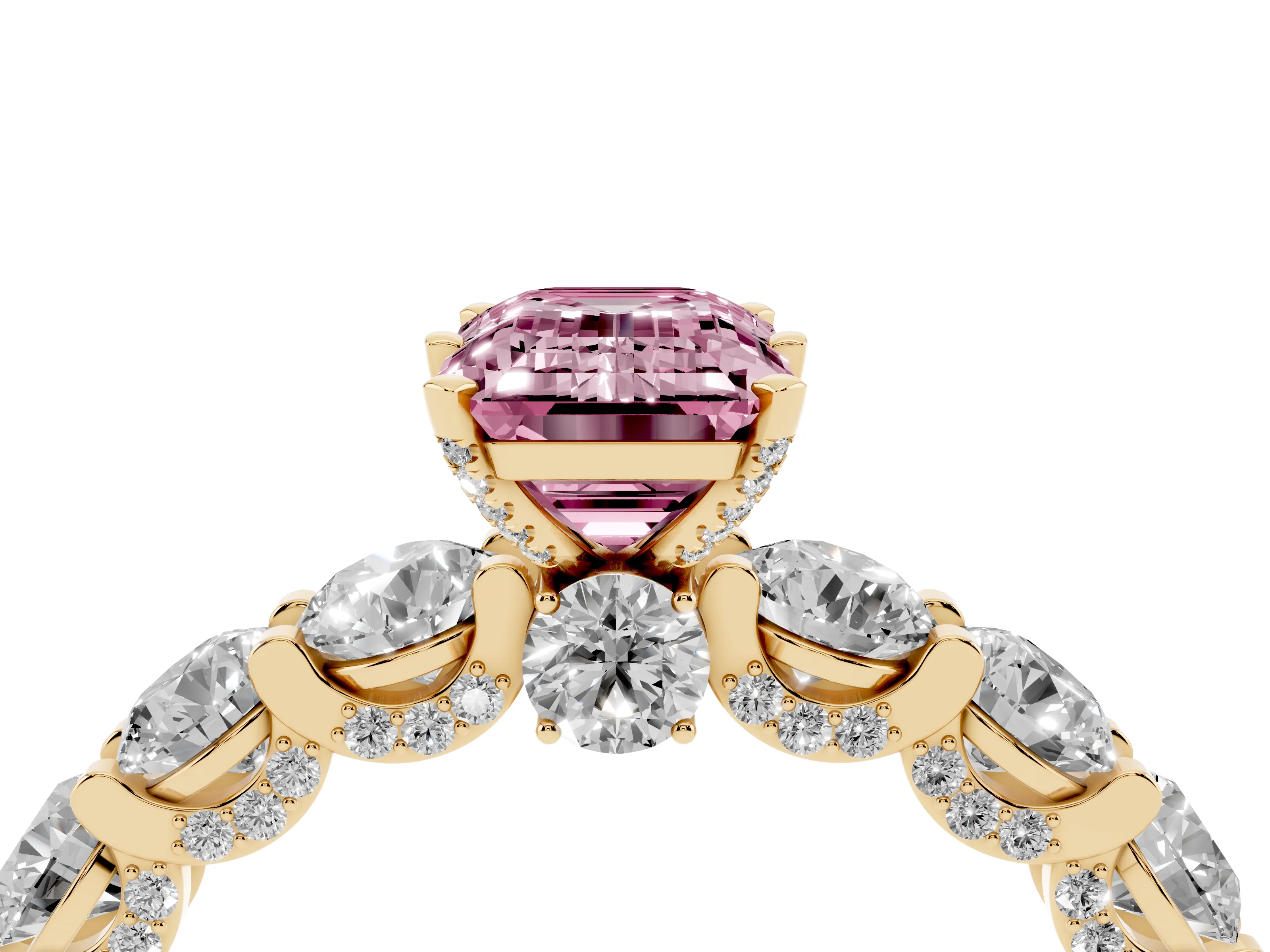 Fancy Pink Emerald Cut Diamond Side Stone Ring Set in Yellow gold with Alternating Round and Oval Side Stones