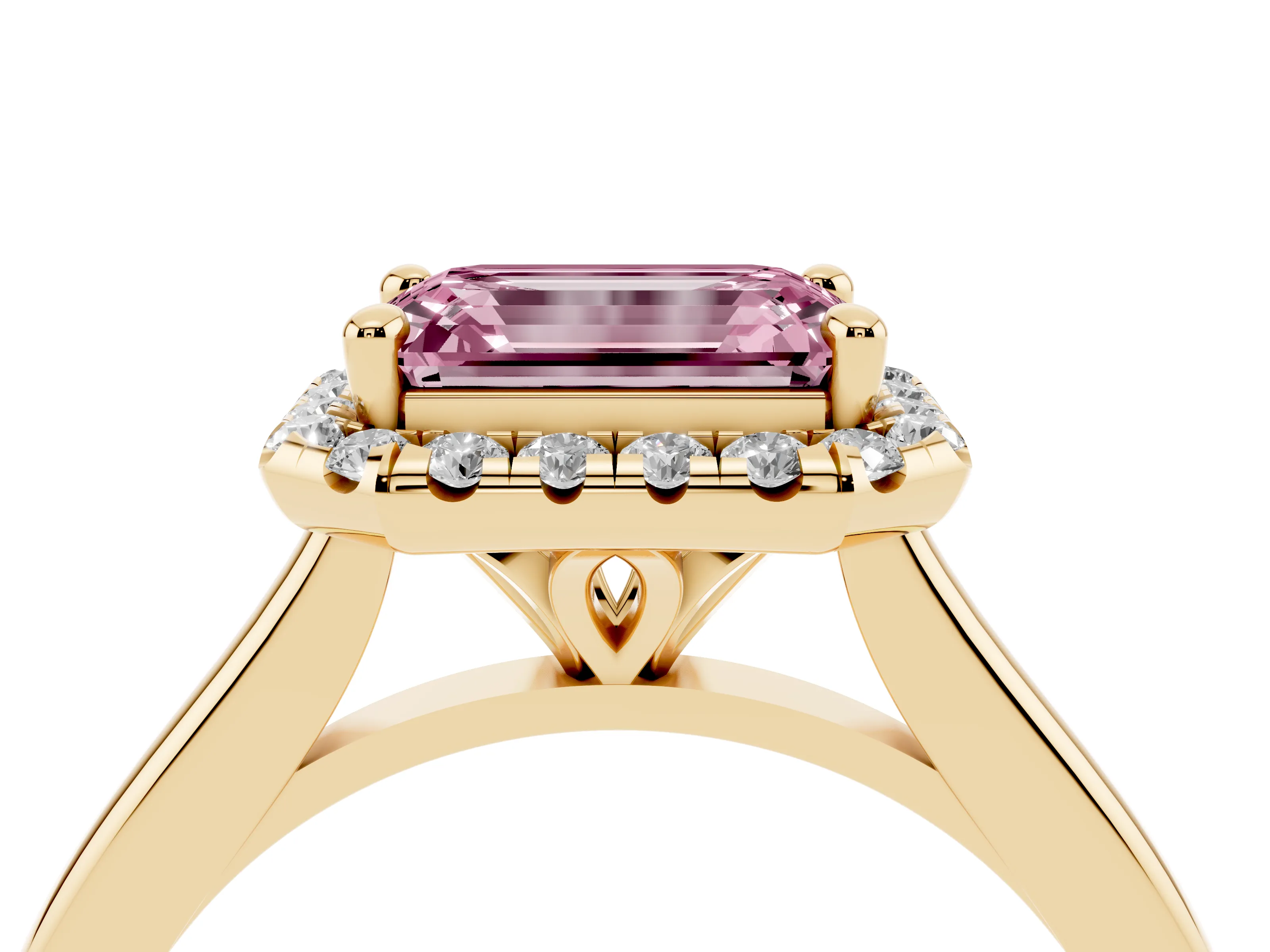 Fancy Pink Emerald Cut Diamond Halo Engagement Ring Set in Yellow gold with Pavé Band and Rising Shoulders